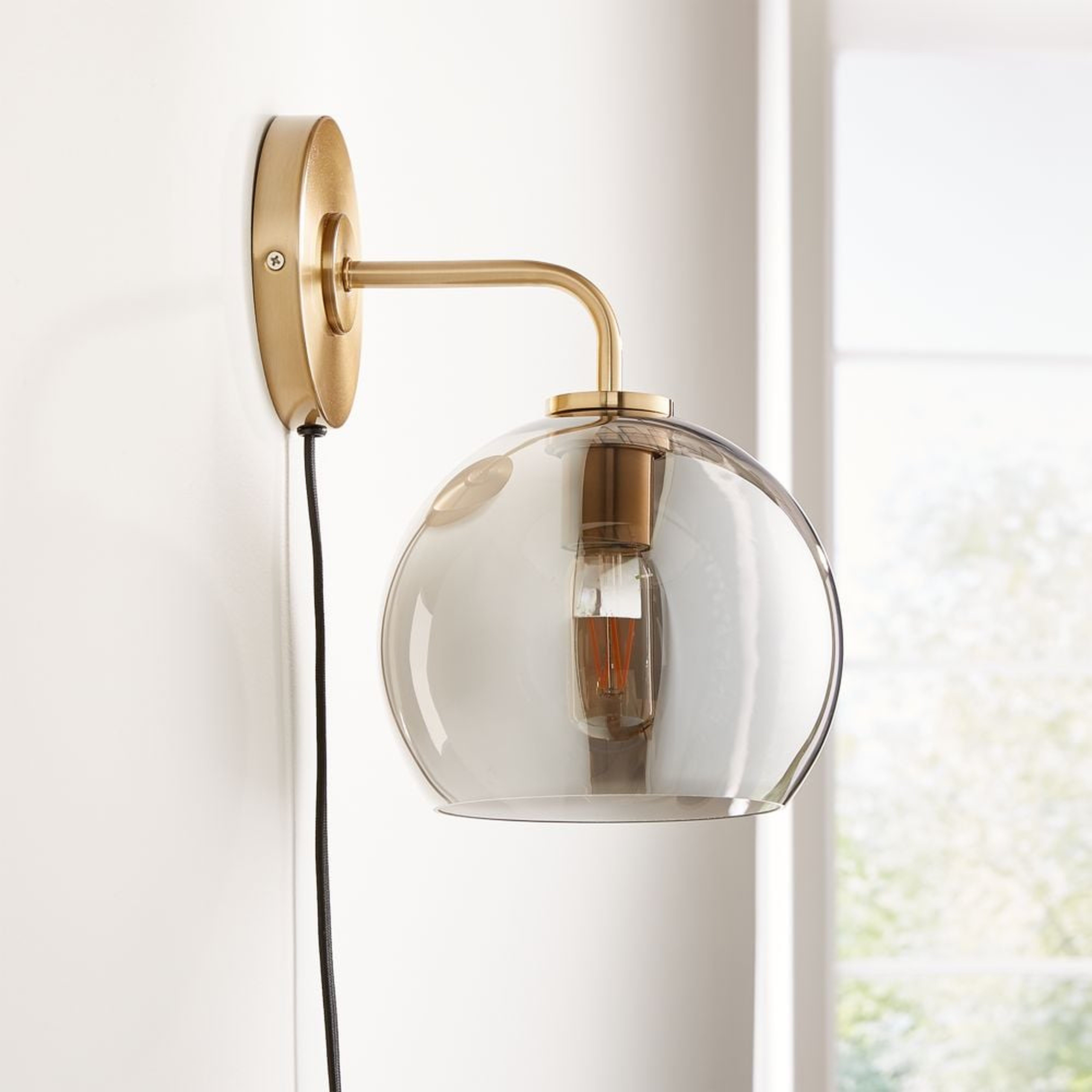 Arren Brass Plug In Wall Sconce Light with Silver Round Shade - Crate and Barrel