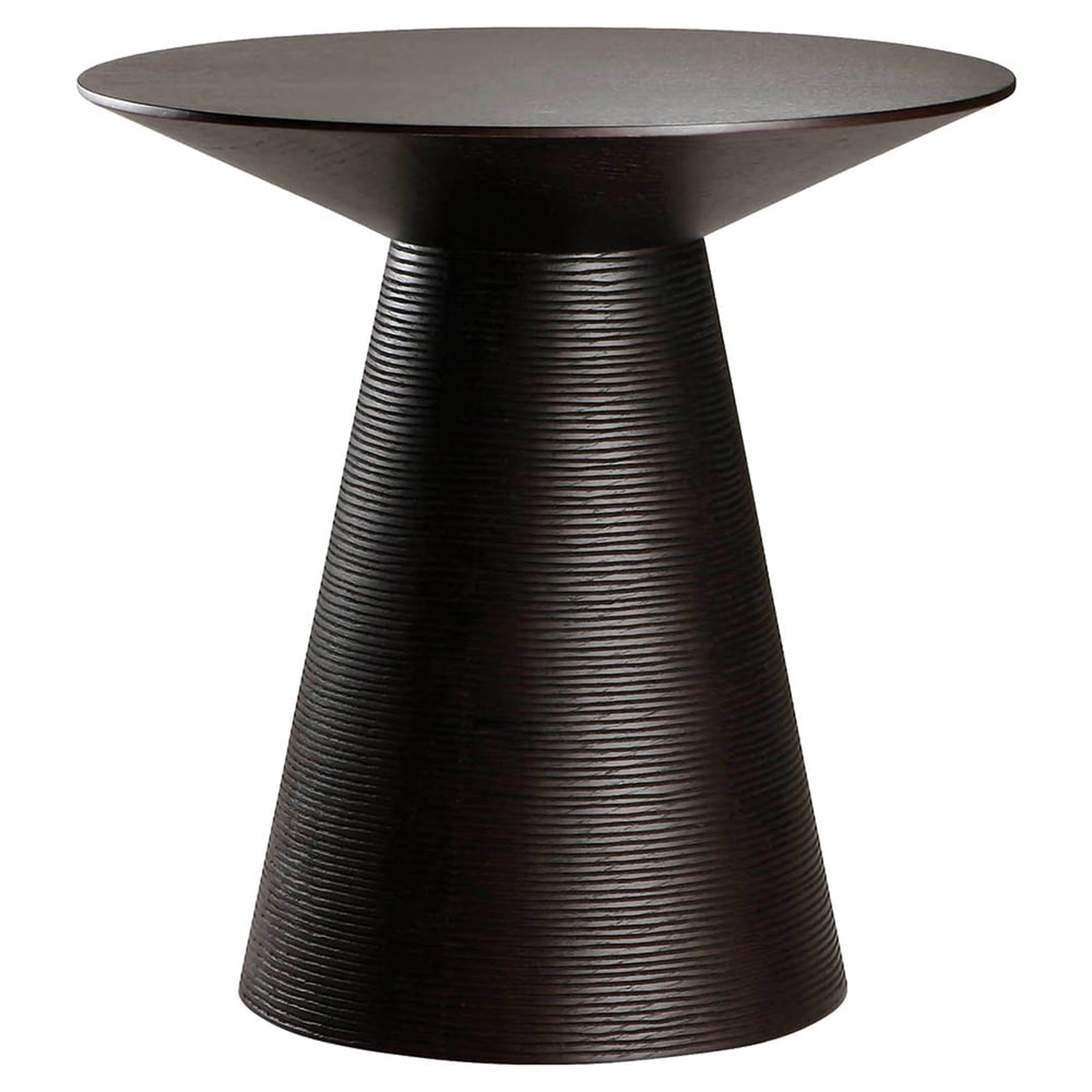Aurea Mid Century Modern Ribbed Pedestal Round Black Oak Side End Table - Kathy Kuo Home