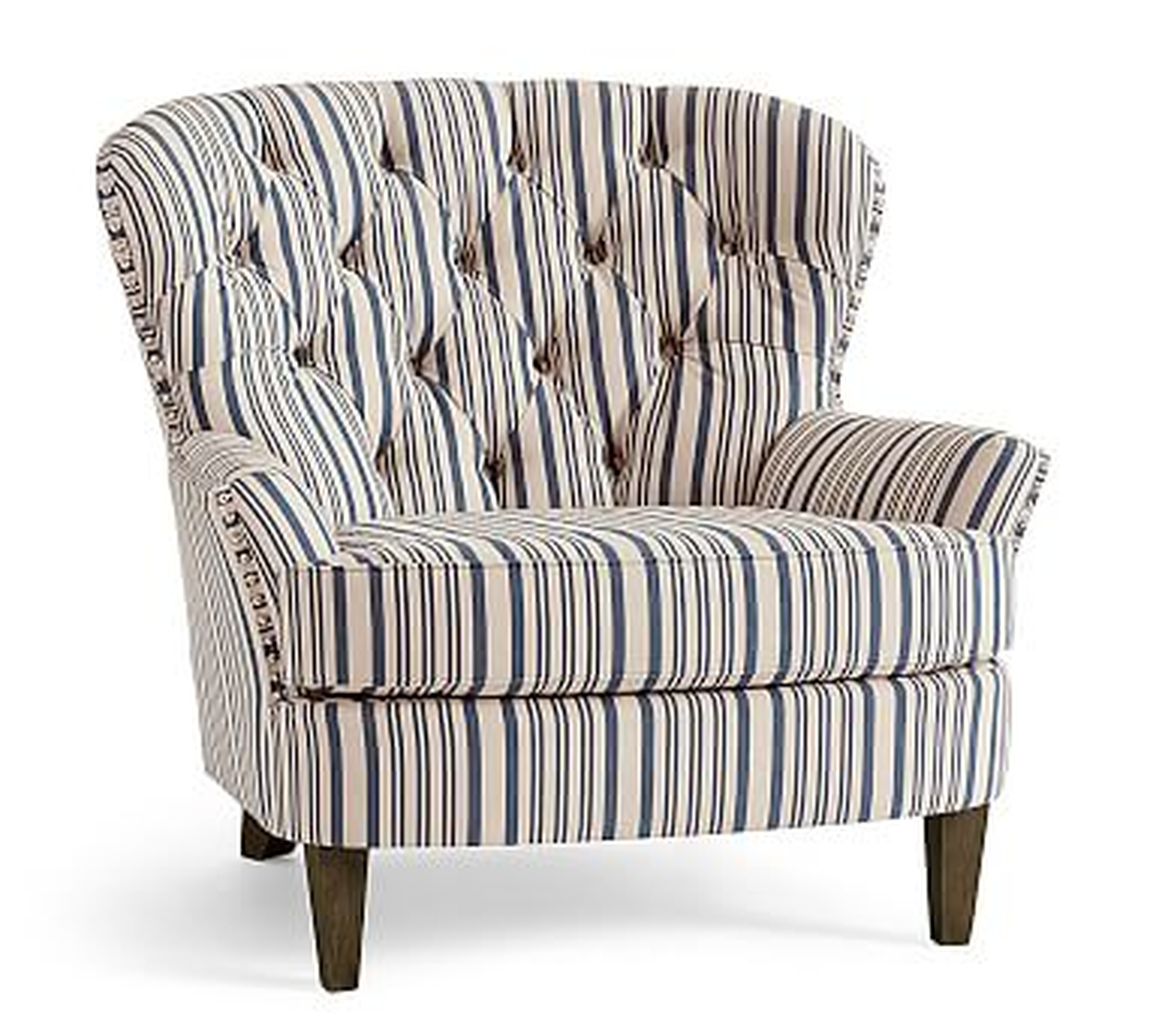 Cardiff Upholstered Tufted Armchair with Pewter Nailheads, Polyester Wrapped Cushions, Antique Stripe Blue - Pottery Barn