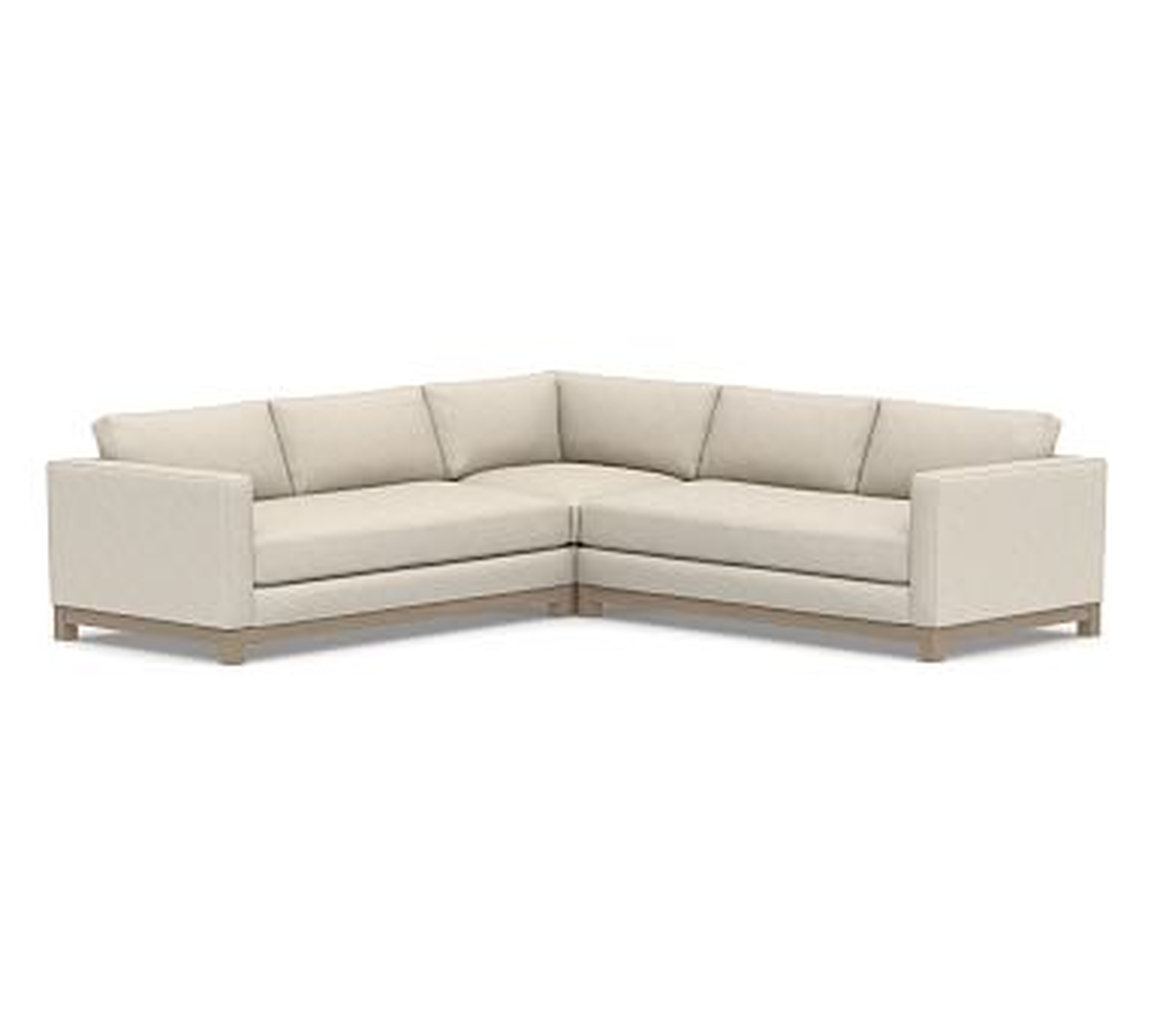 Jake Upholstered 3-Piece L-Shaped Corner Sectional 2x1, Wood Legs, Polyester Wrapped Cushions, Performance Slub Cotton Stone - Pottery Barn