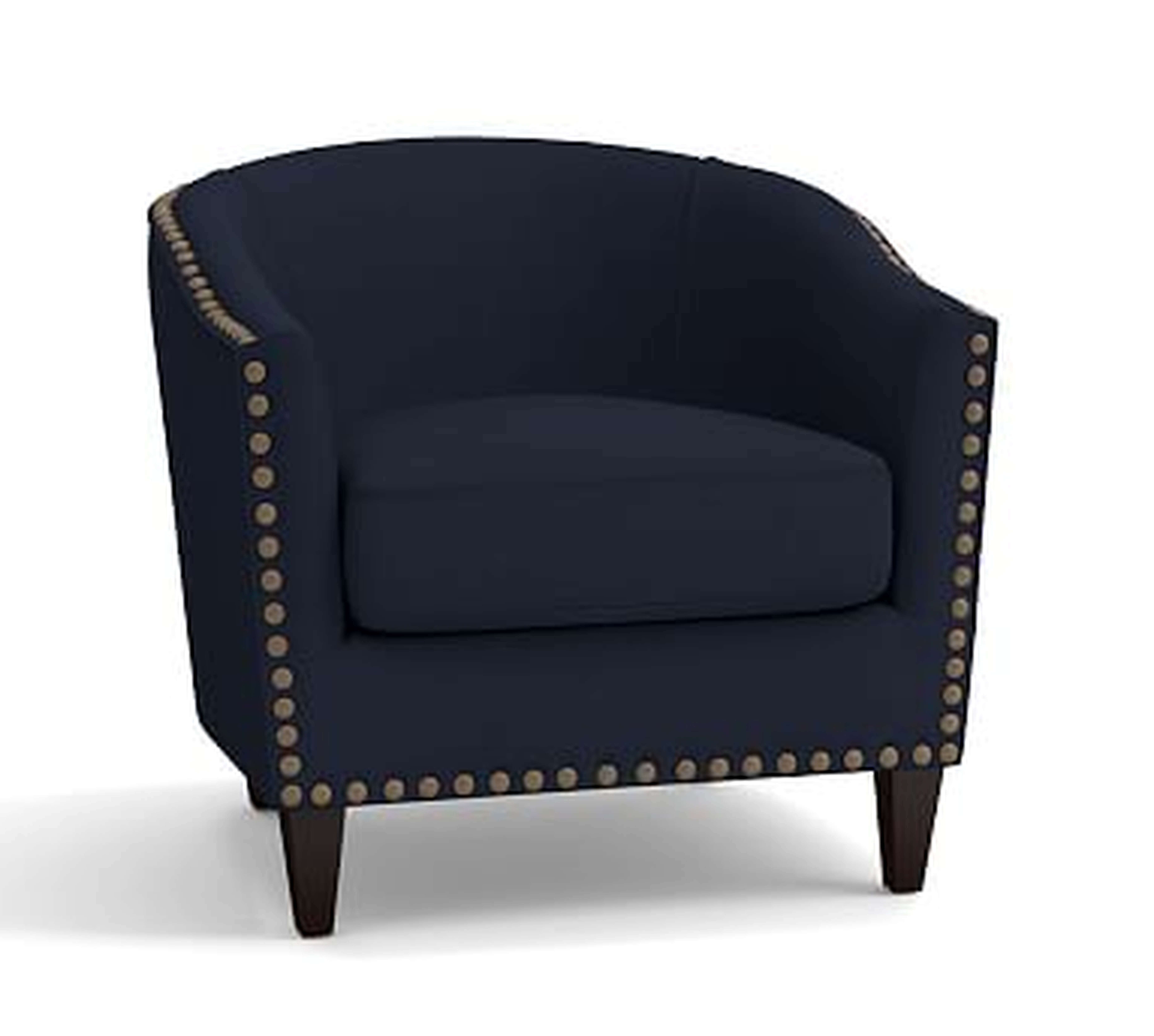 Harlow Upholstered Armchair with Bronze Nailheads, Polyester Wrapped Cushions, Twill Cadet Navy - Pottery Barn