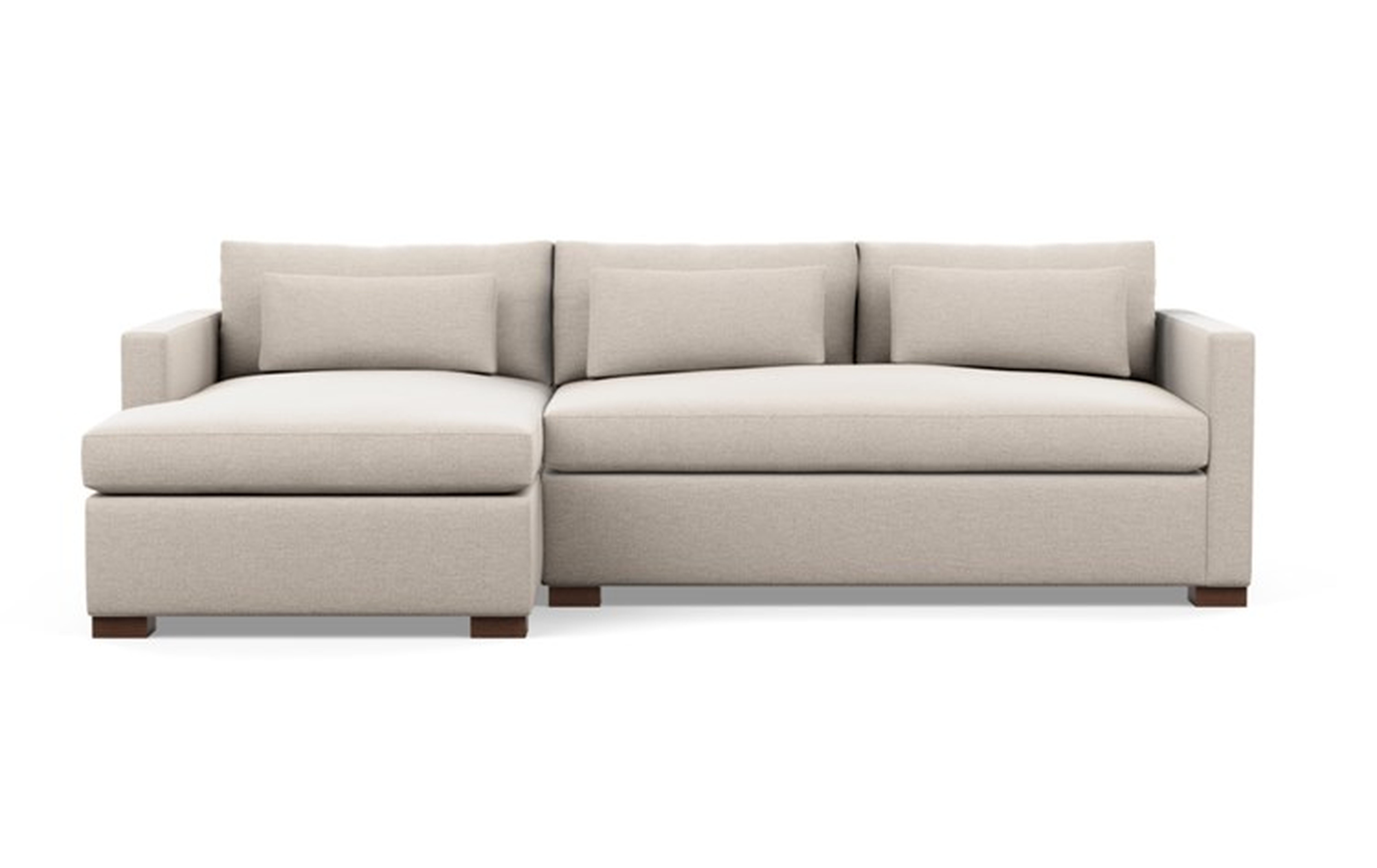 Charly Left Sectional with Beige Linen Fabric, extended chaise, and Oiled Walnut legs - Interior Define