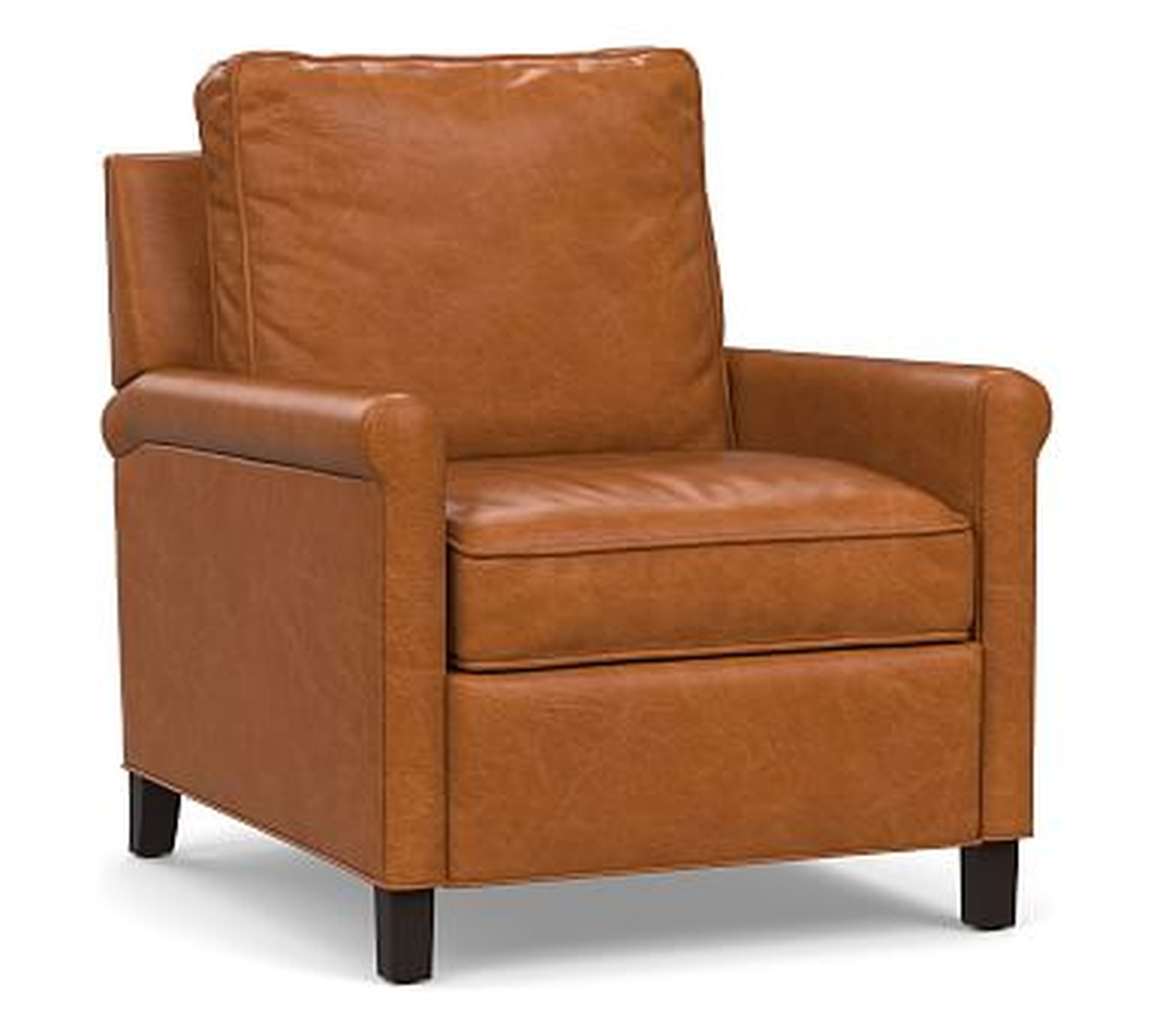 Tyler Roll Arm Leather Recliner without Nailheads, Down Blend Wrapped Cushions, Vintage Caramel - Pottery Barn