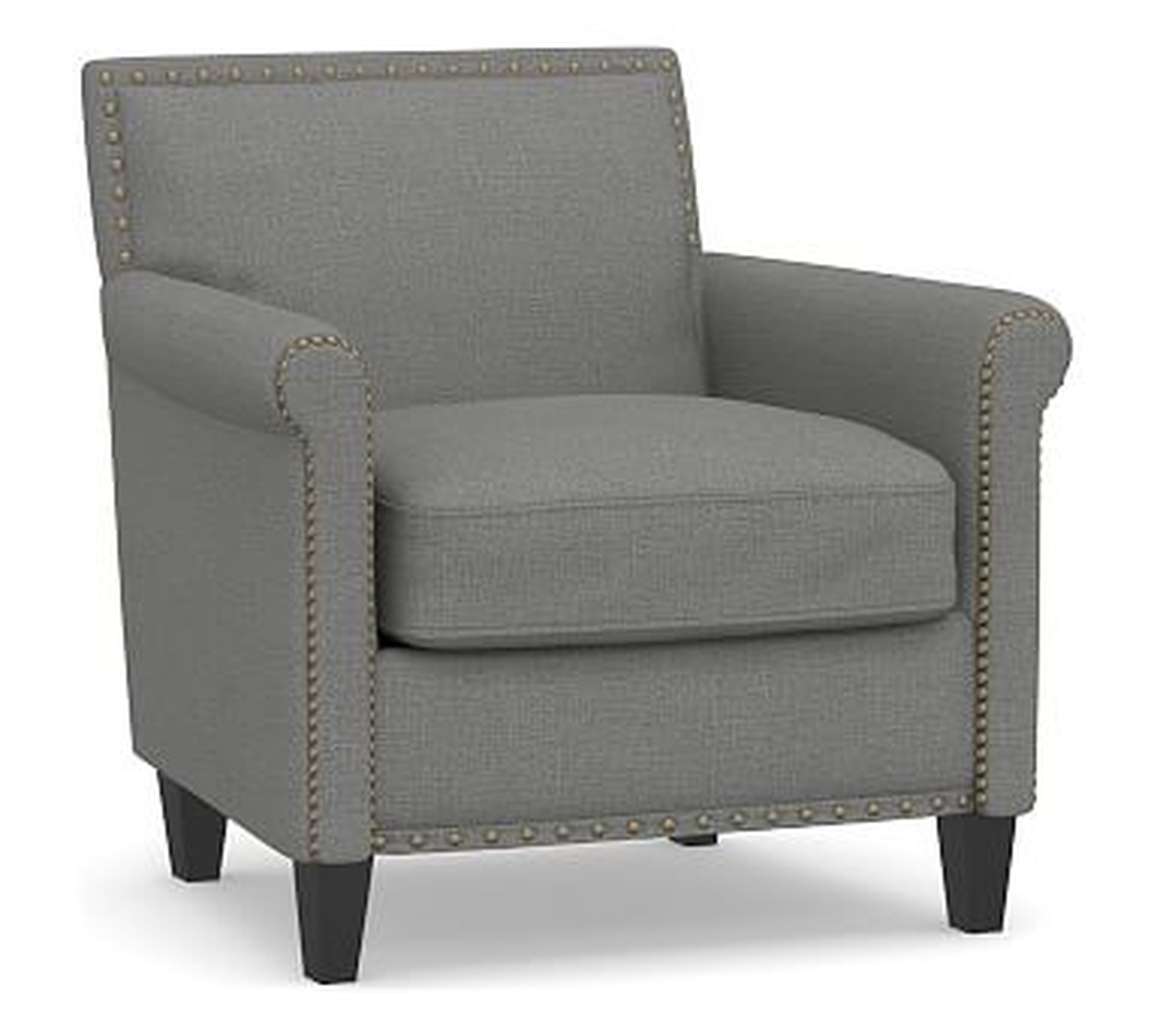 SoMa Roscoe Upholstered Armchair, Polyester Wrapped Cushions, Basketweave Slub Charcoal - Pottery Barn