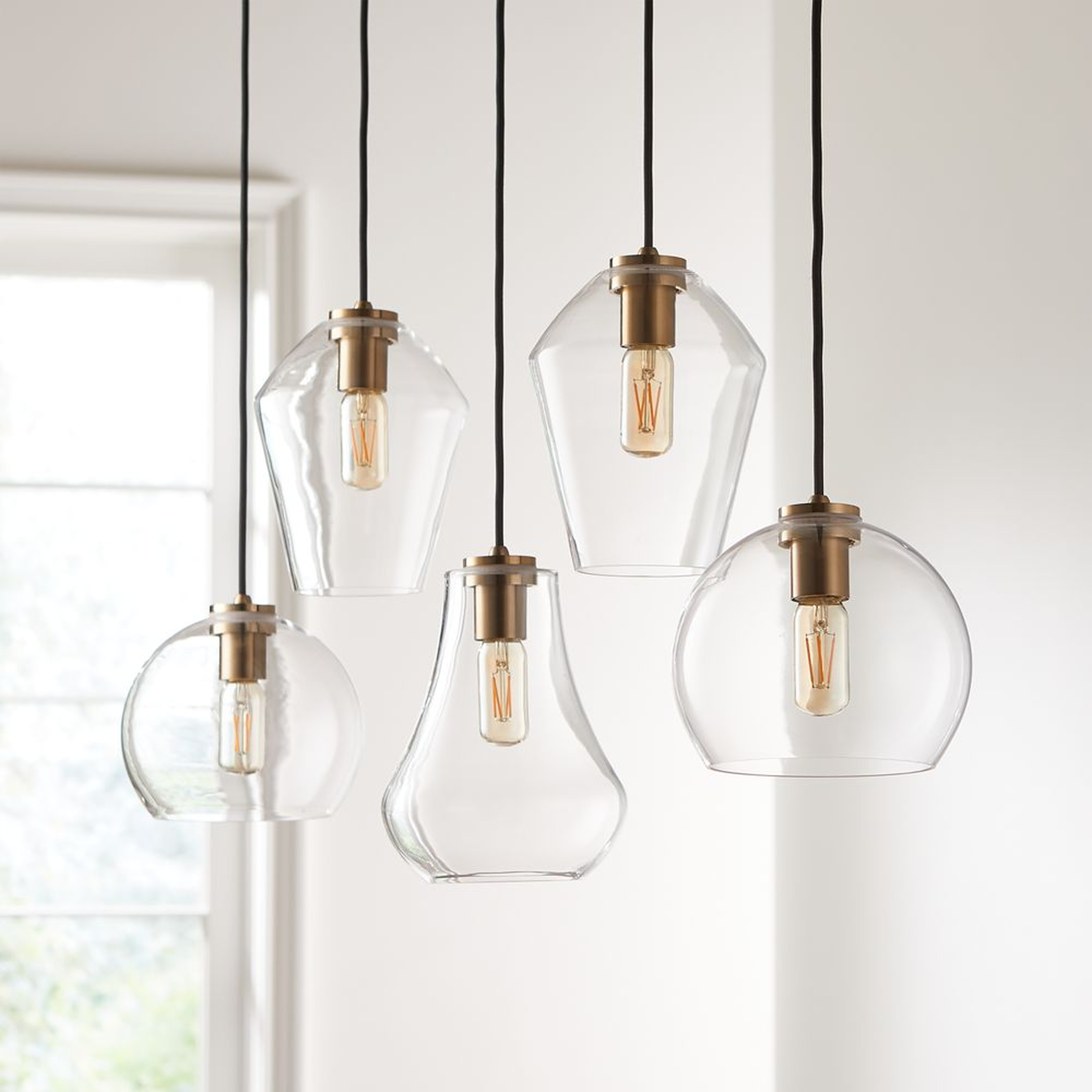Arren Brass 5-Light Linear Pendant with Mixed Clear Glass Shades - Crate and Barrel