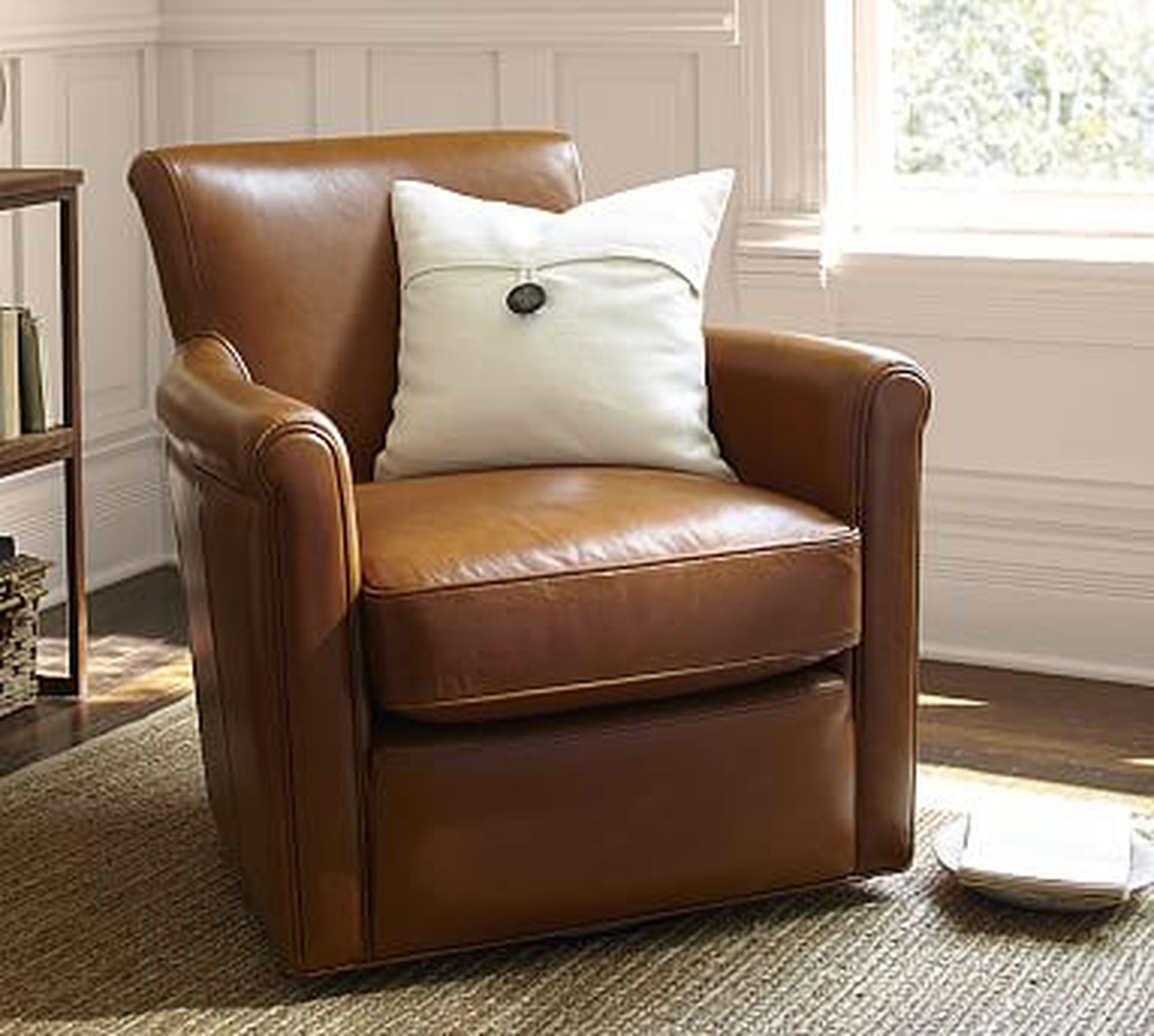 Irving Roll Arm Leather Swivel Armchair, Polyester Wrapped Cushions, Legacy Taupe - Pottery Barn