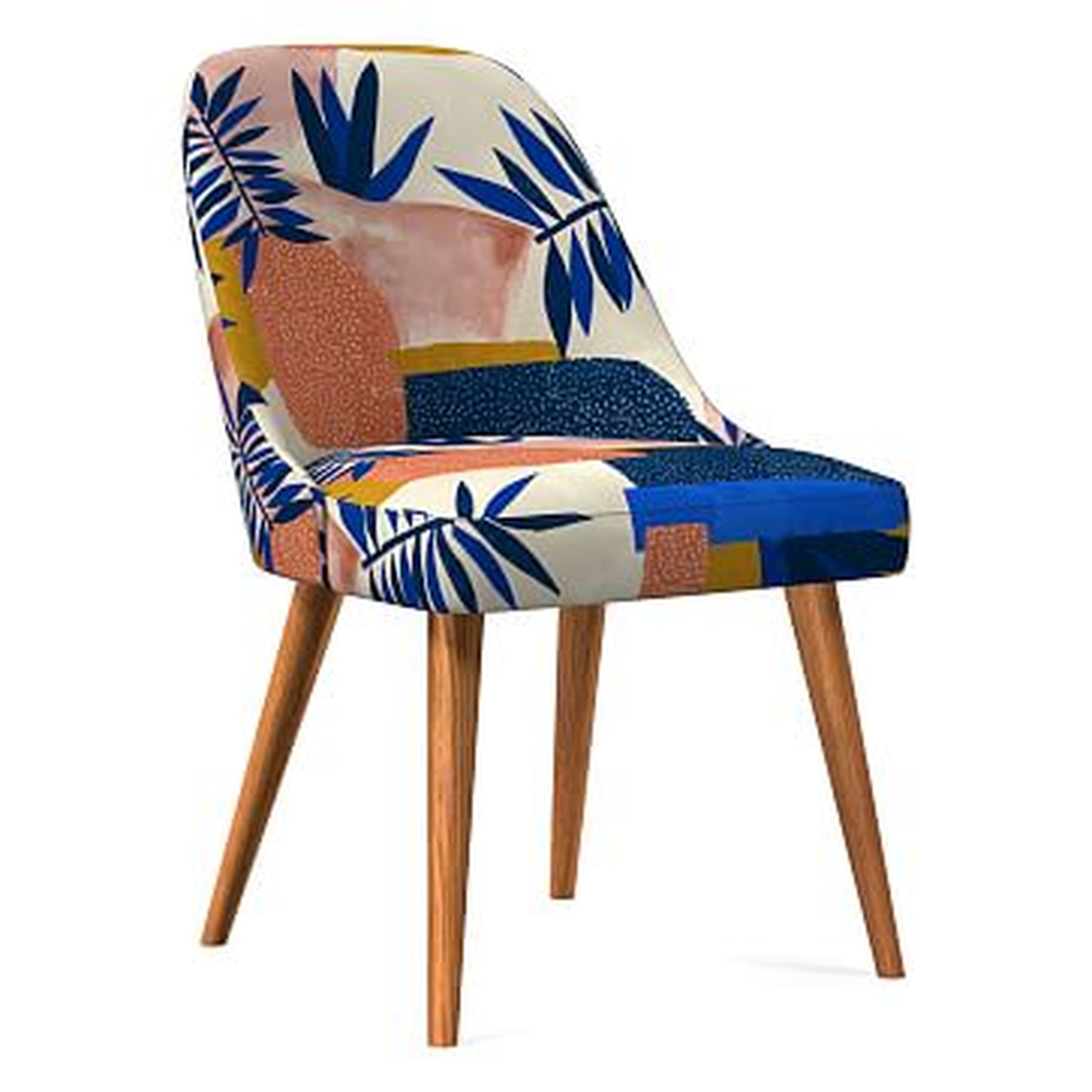Midcentury Upholstered Dining Chair, Wood Leg, Landscape Blue Multi, Botanic Collage, Pecan - West Elm