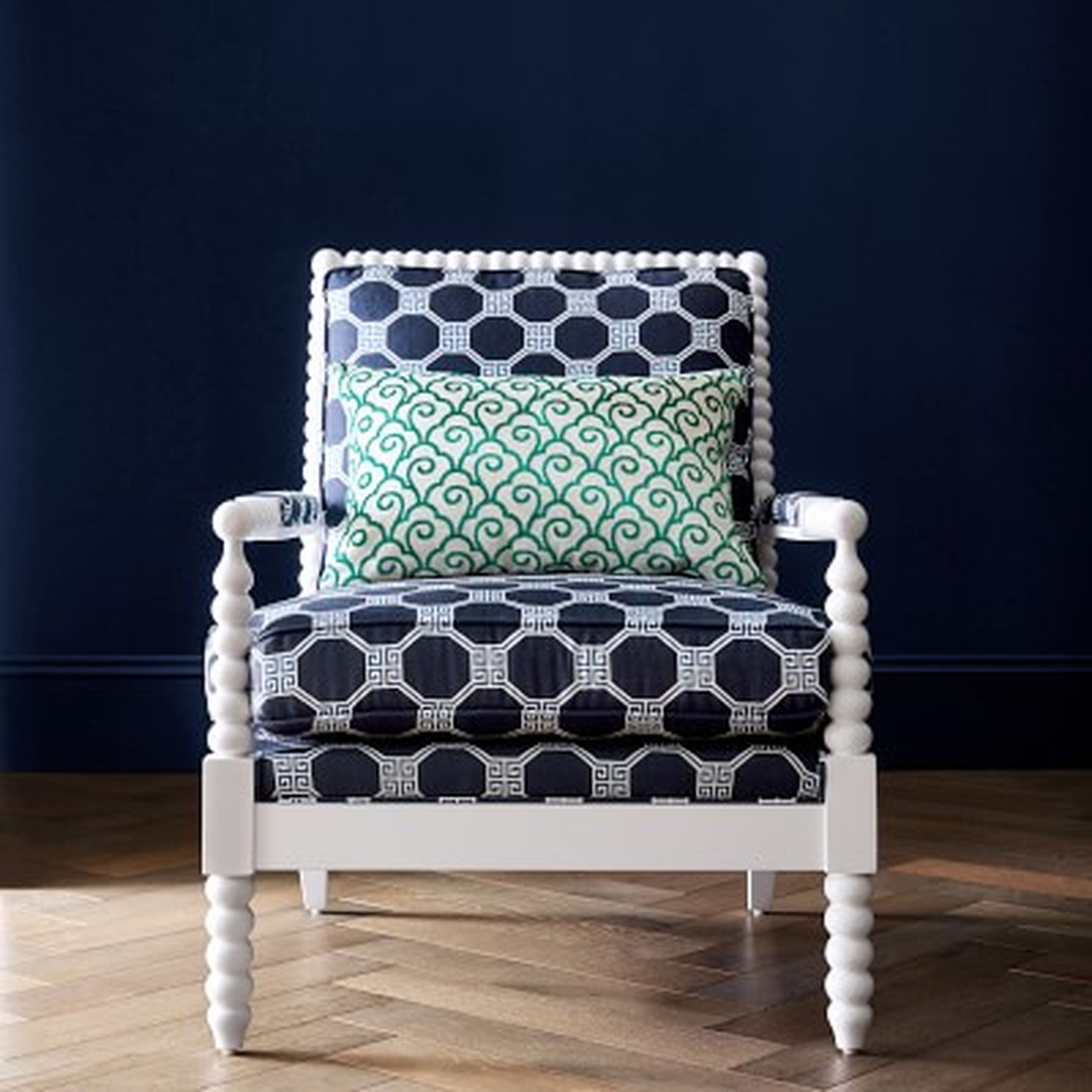 Spindle Chair, Standard Cushion, Schumacher Octavia, Blue, White Leg - Williams Sonoma