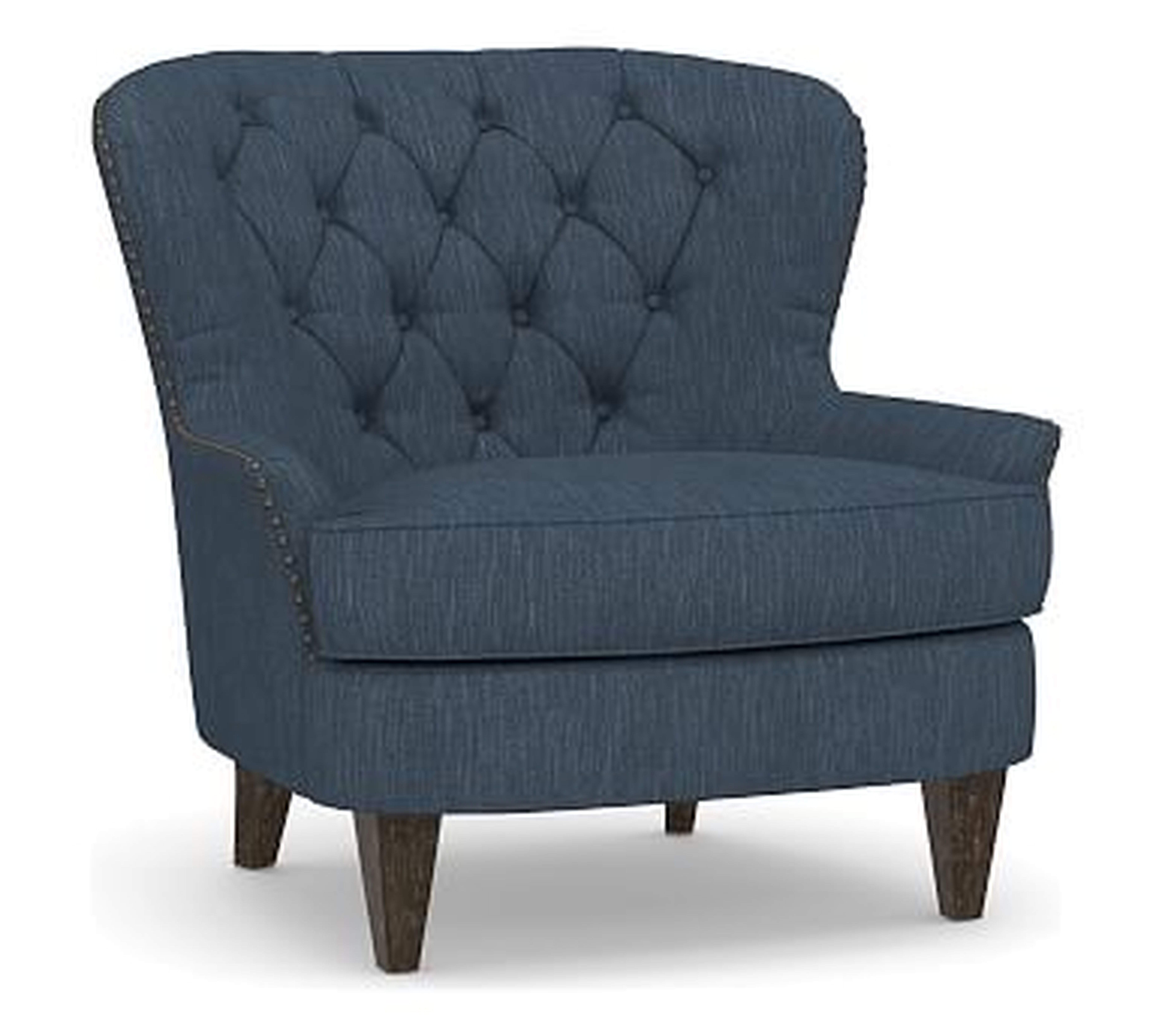 Cardiff Tufted Upholstered Armchair with Nailheads, Polyester Wrapped Cushions, Performance Heathered Tweed Indigo - Pottery Barn