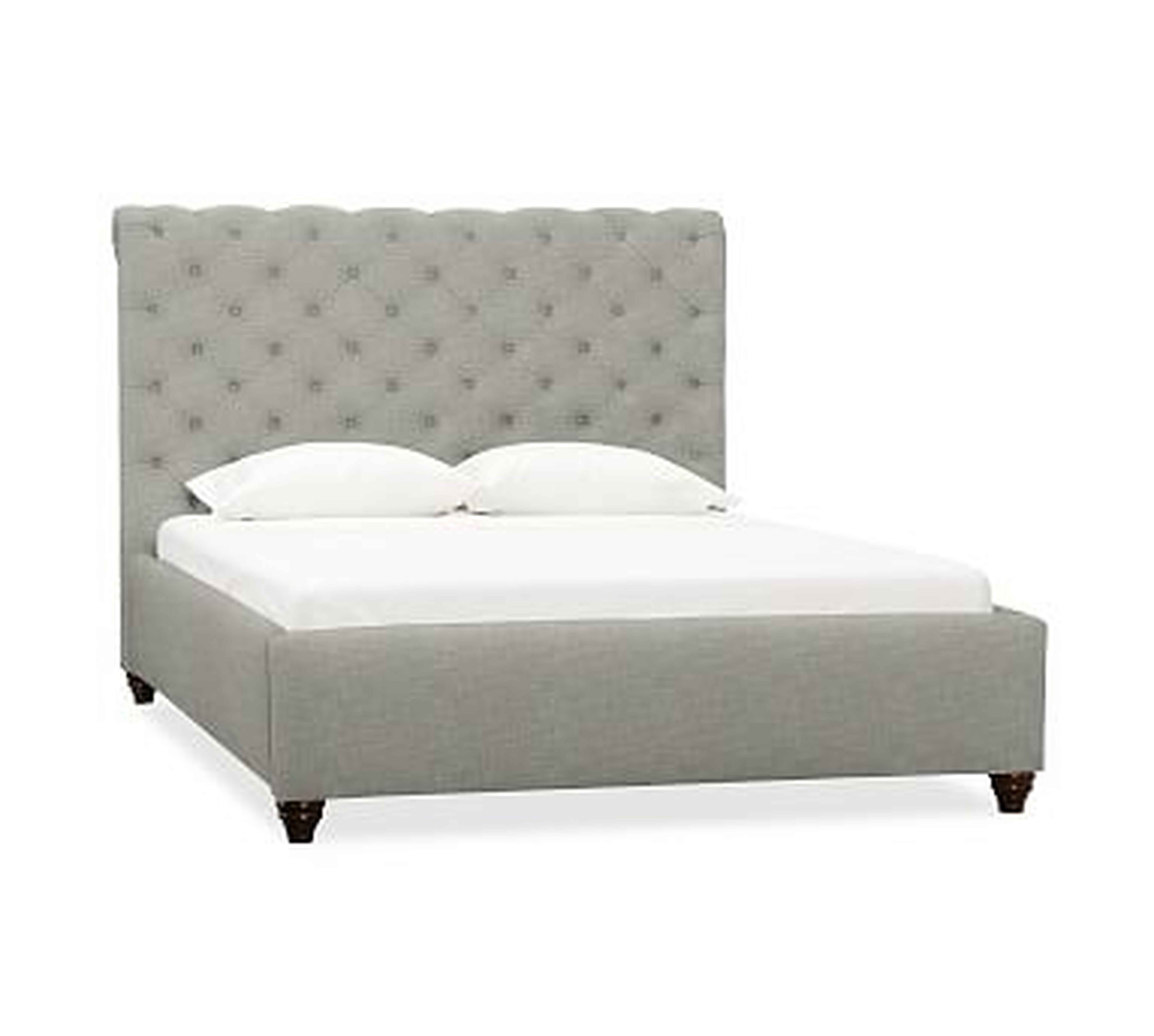 Chesterfield Upholstered Queen Bed, Polyester Wrapped Cushions, Premium Performance Basketweave Light Gray - Pottery Barn