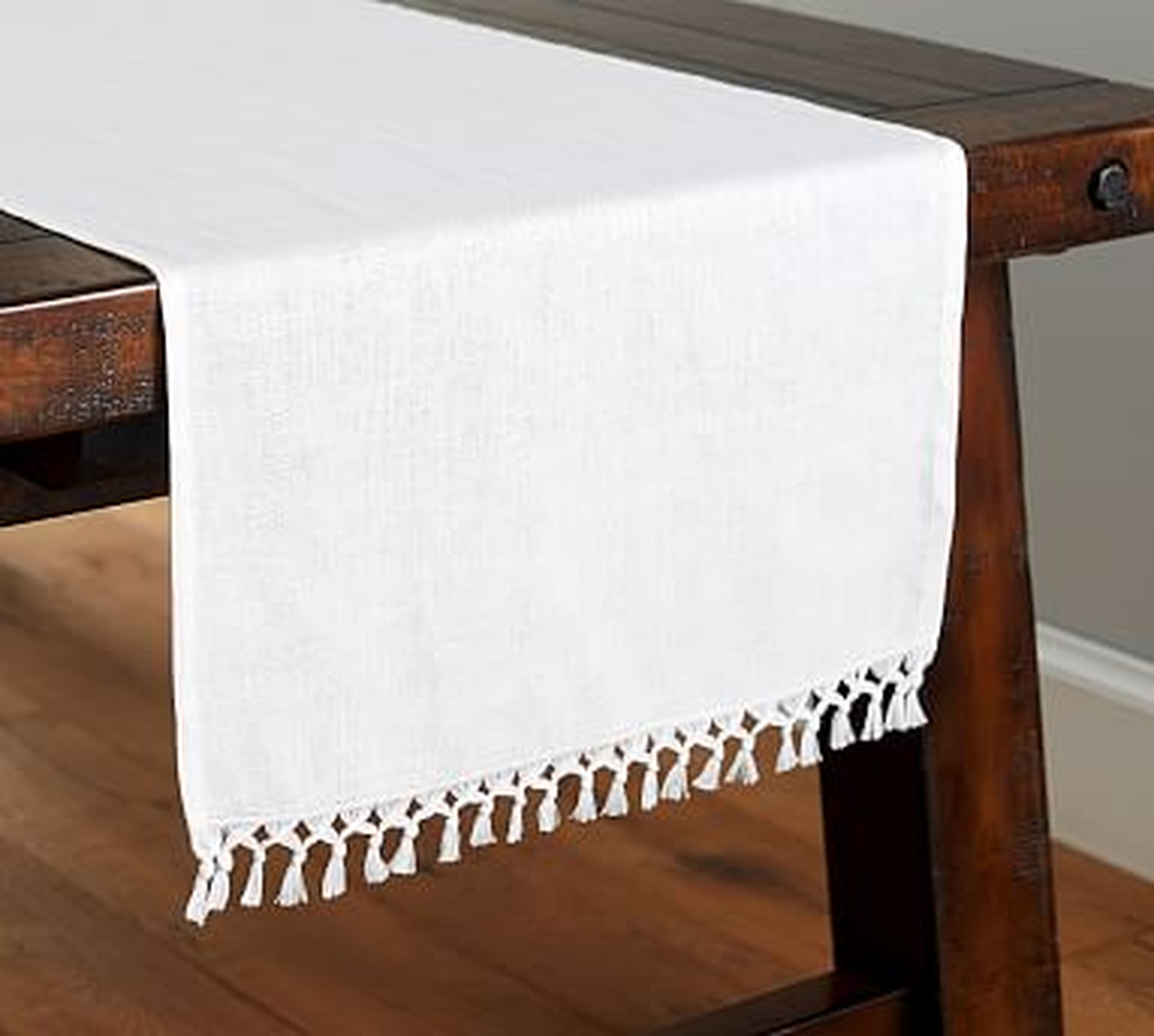 Fringed Linen Knotted Table Runner, Large, White - Pottery Barn