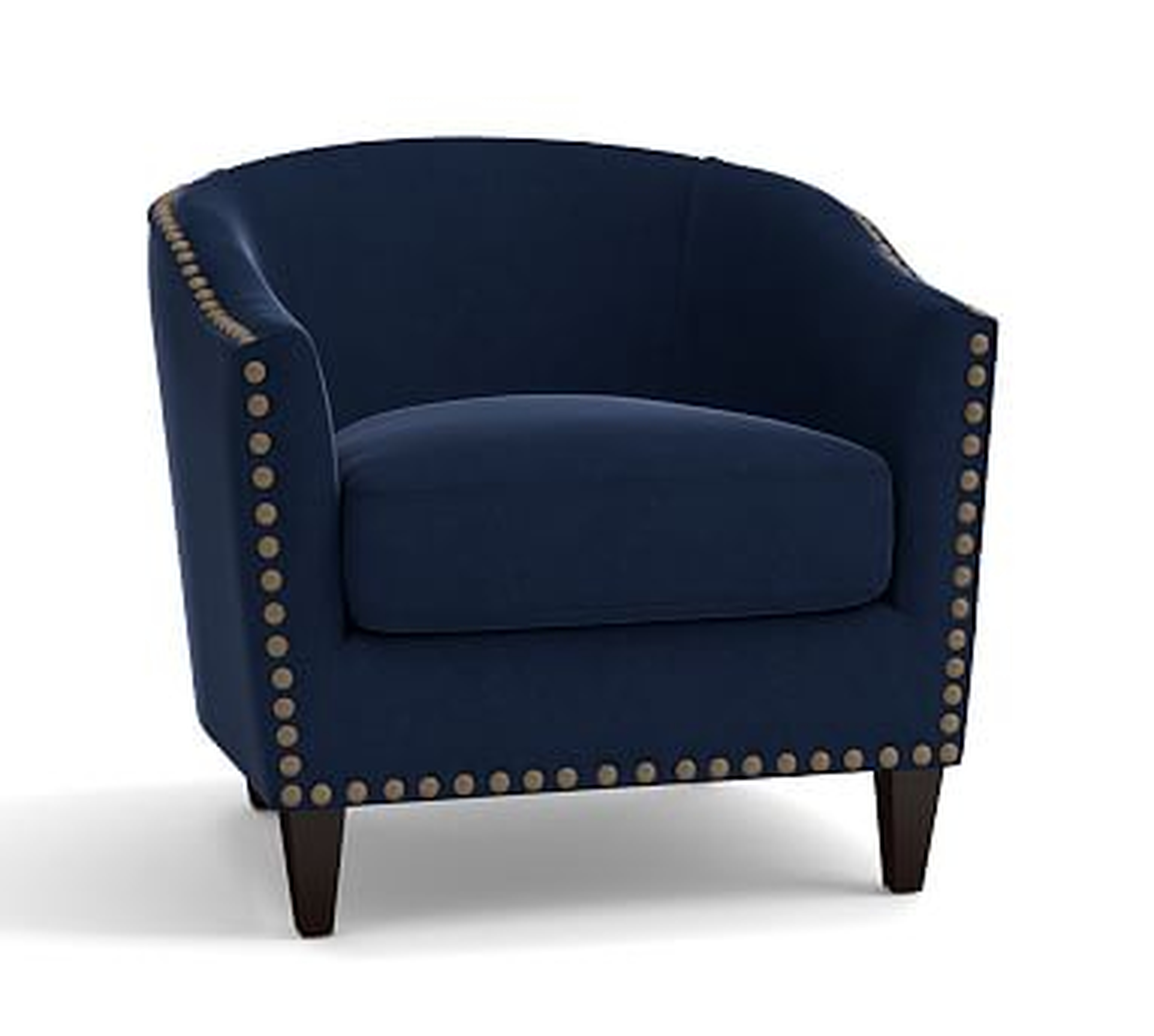 Harlow Upholstered Armchair with Bronze Nailheads, Polyester Wrapped Cushions, Performance Everydayvelvet(TM) Navy - Pottery Barn