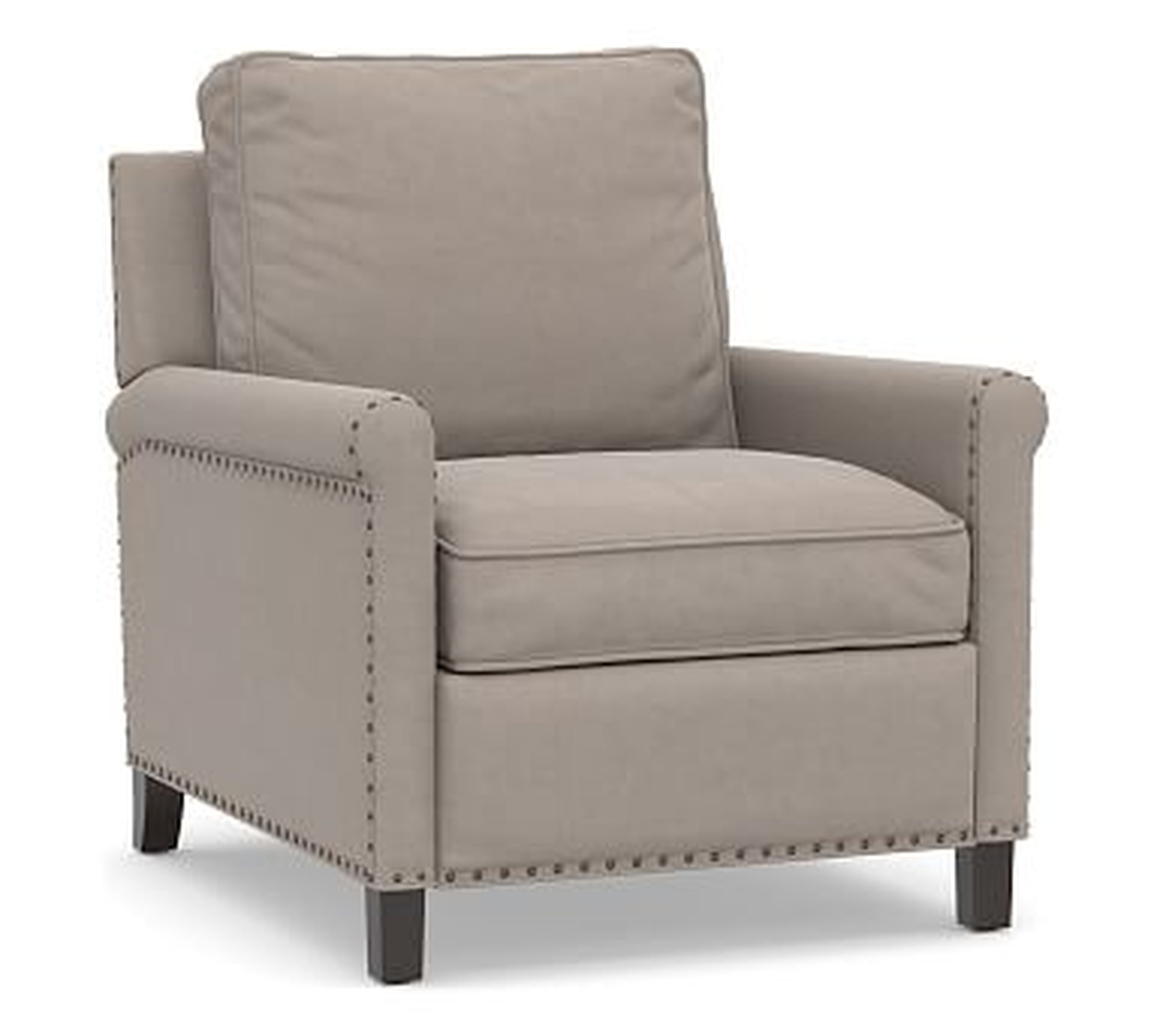 Tyler Roll Arm Upholstered Recliner with Nailheads, Polyester Wrapped Cushions, Performance Everydayvelvet(TM) Carbon - Pottery Barn