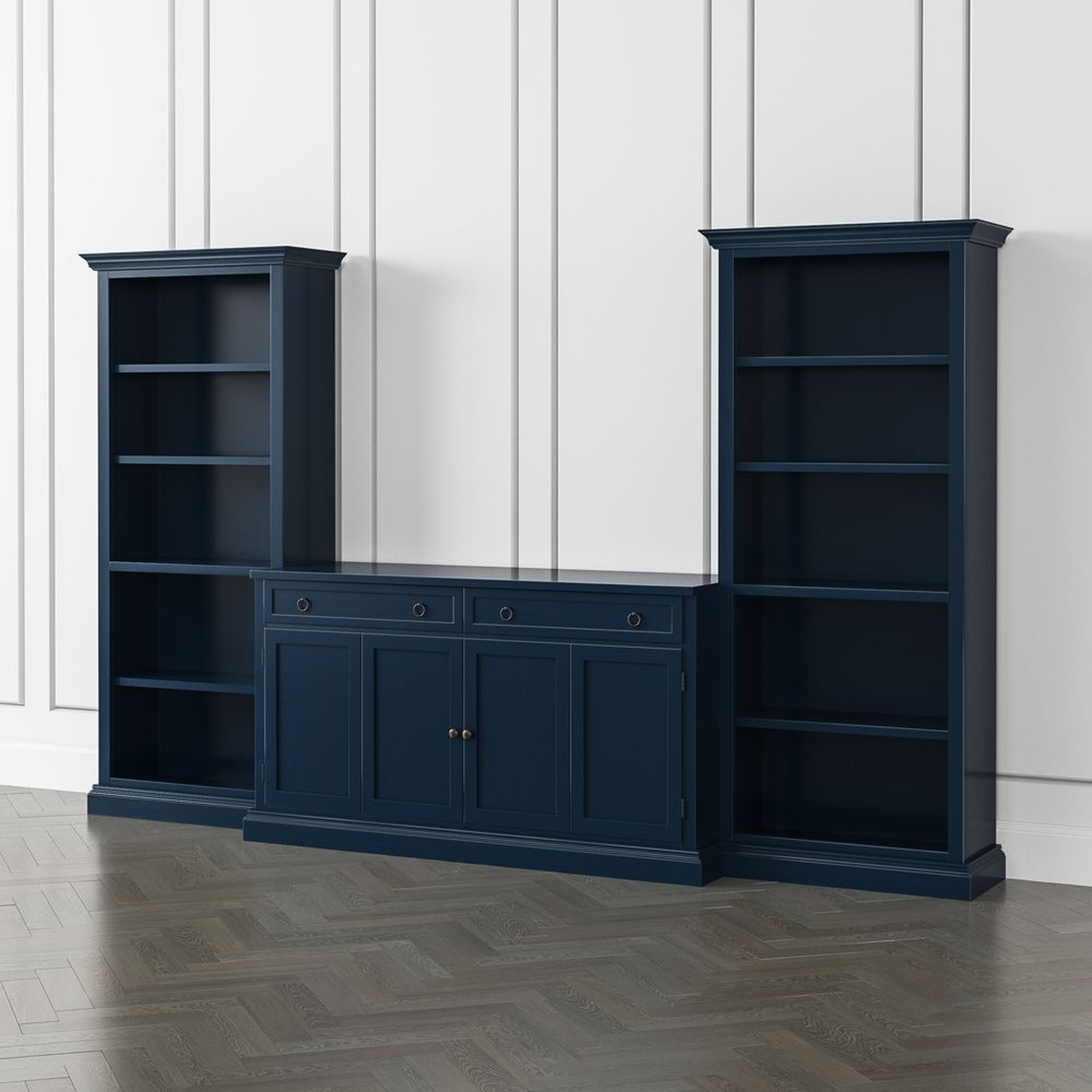Cameo Indigo 3-Piece Entertainment Center with Open Bookcases - Crate and Barrel