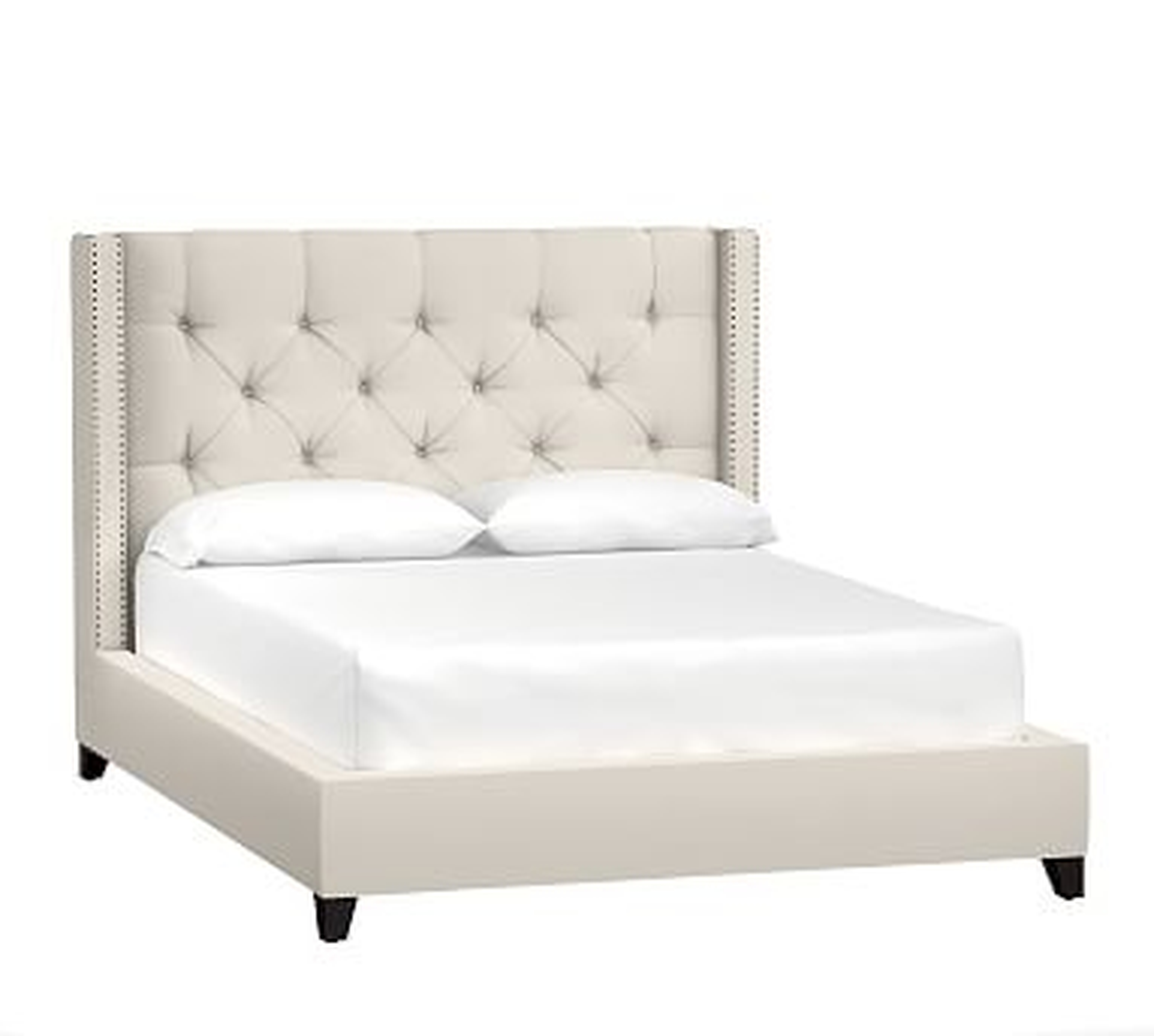 Harper Upholstered Tufted Low Bed with Bronze Nailheads, King, Twill Cream - Pottery Barn