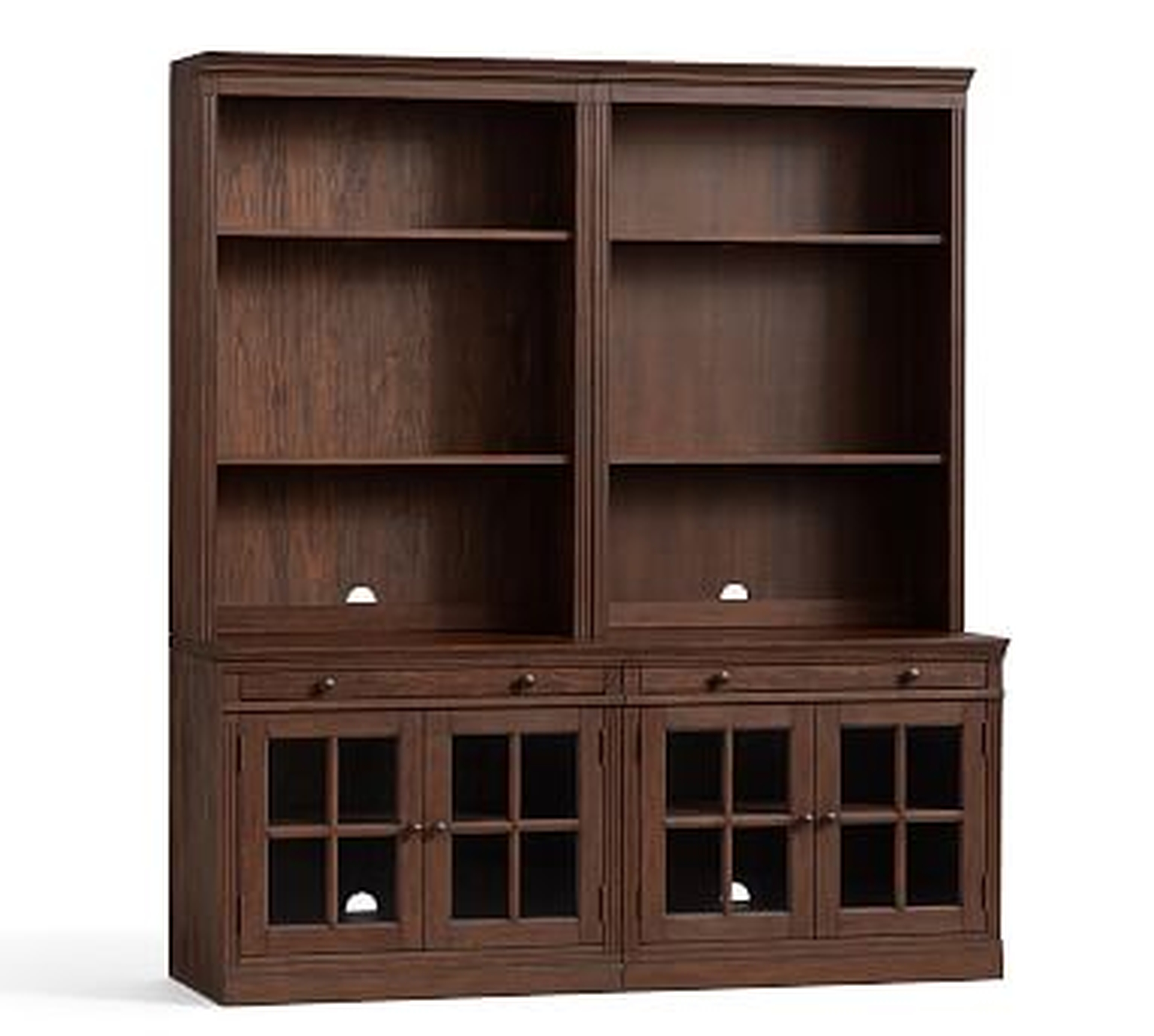 Livingston Bookcase with Glass Cabinets, Brown Wash, 70"L x 81"H - Pottery Barn