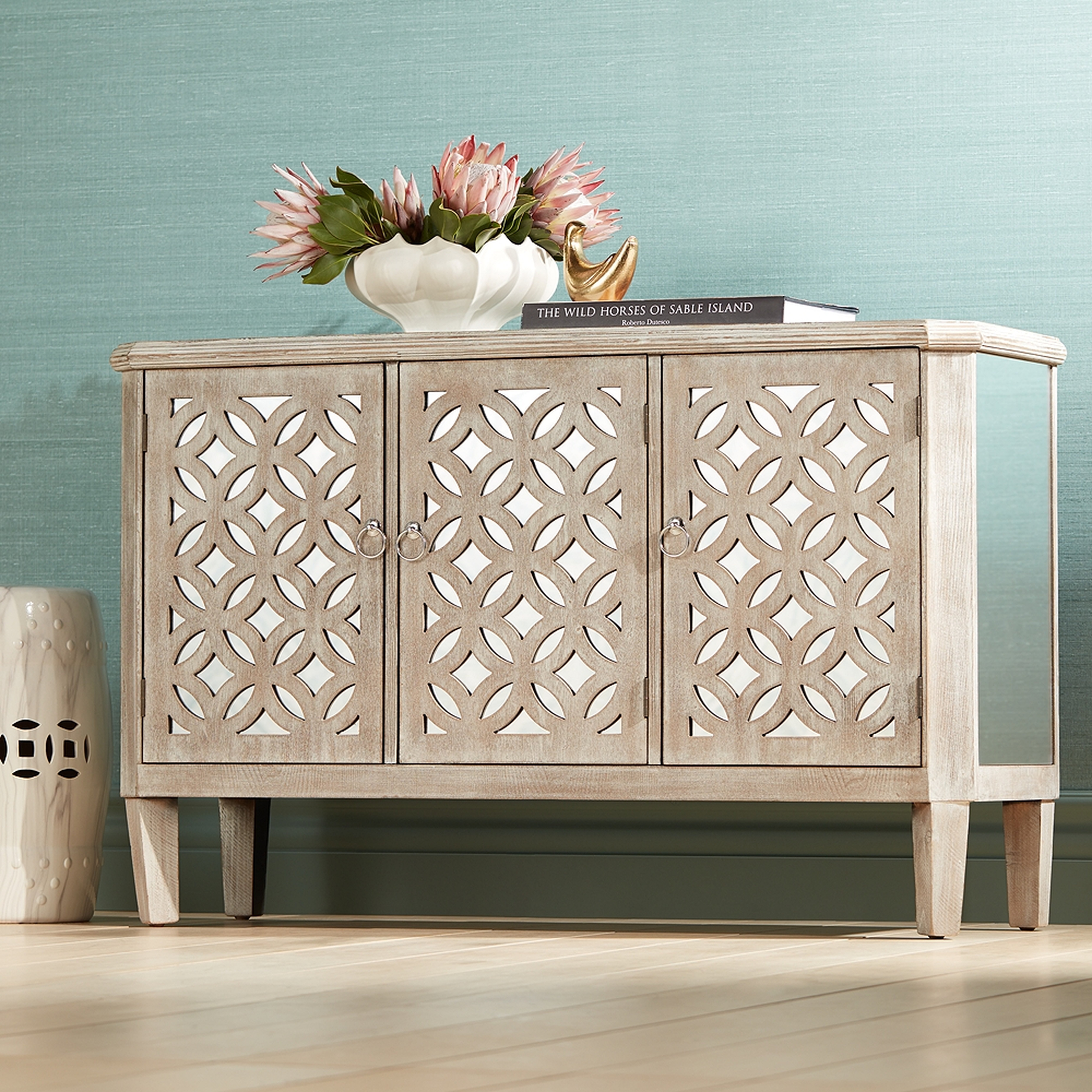 Charly Natural Whitewash 3-Door Lattice Accent Cabinet - Style # 16D83 - Lamps Plus