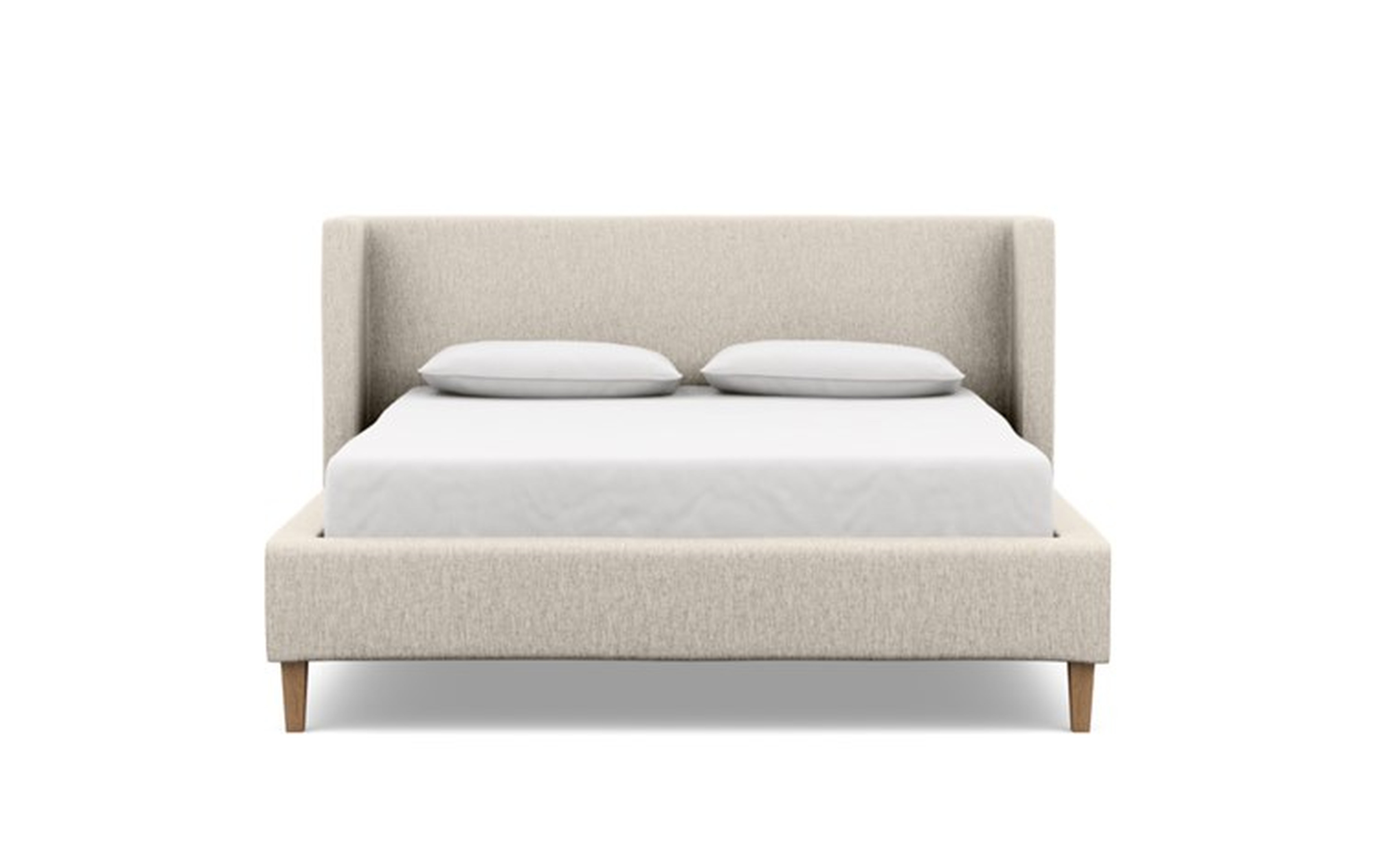 Oliver Queen Bed with Beige Wheat Fabric, low headboard, and Natural Oak legs - Interior Define