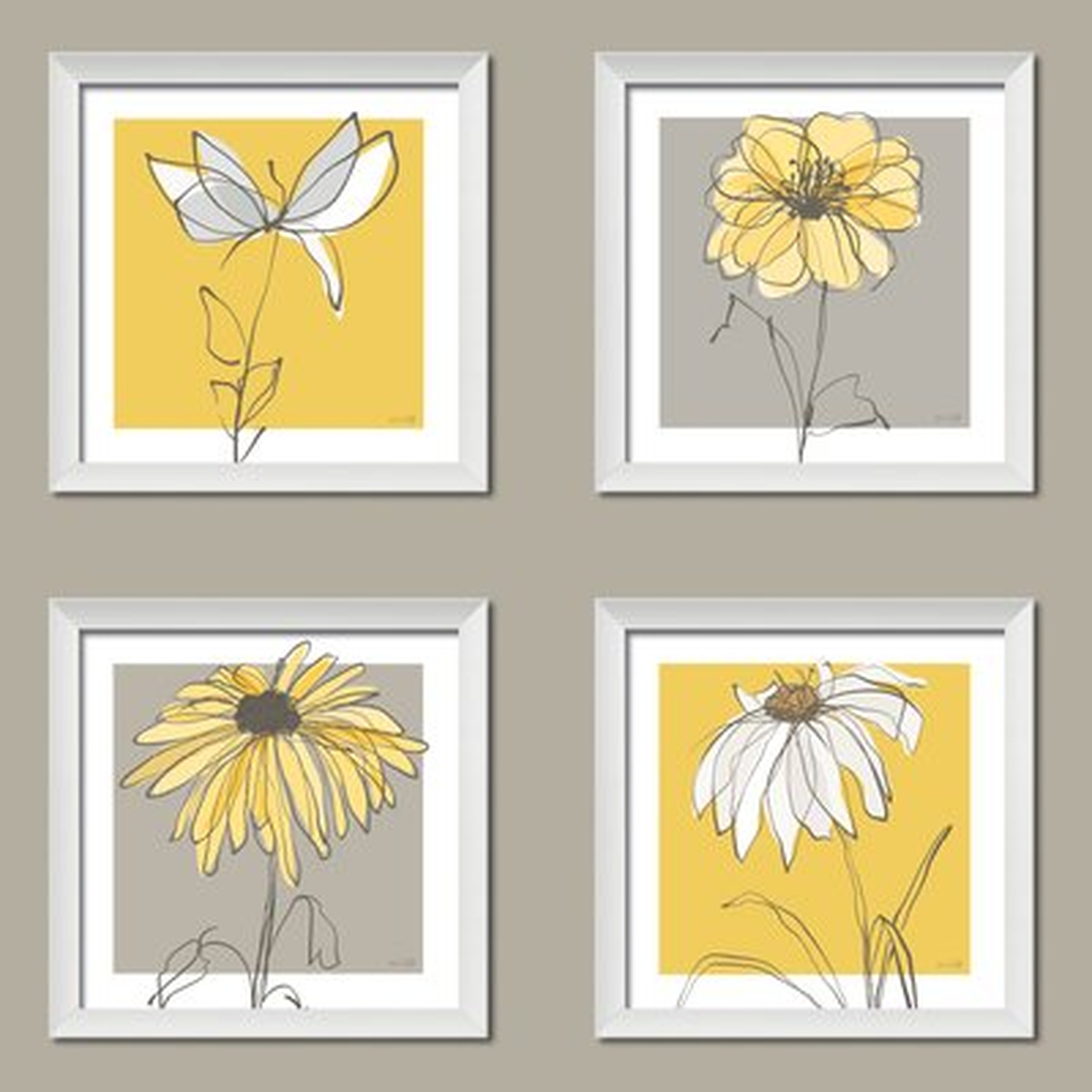 'Beautiful Gray and Yellow Flower' 4 Piece Framed Graphic Art Print Set - Wayfair