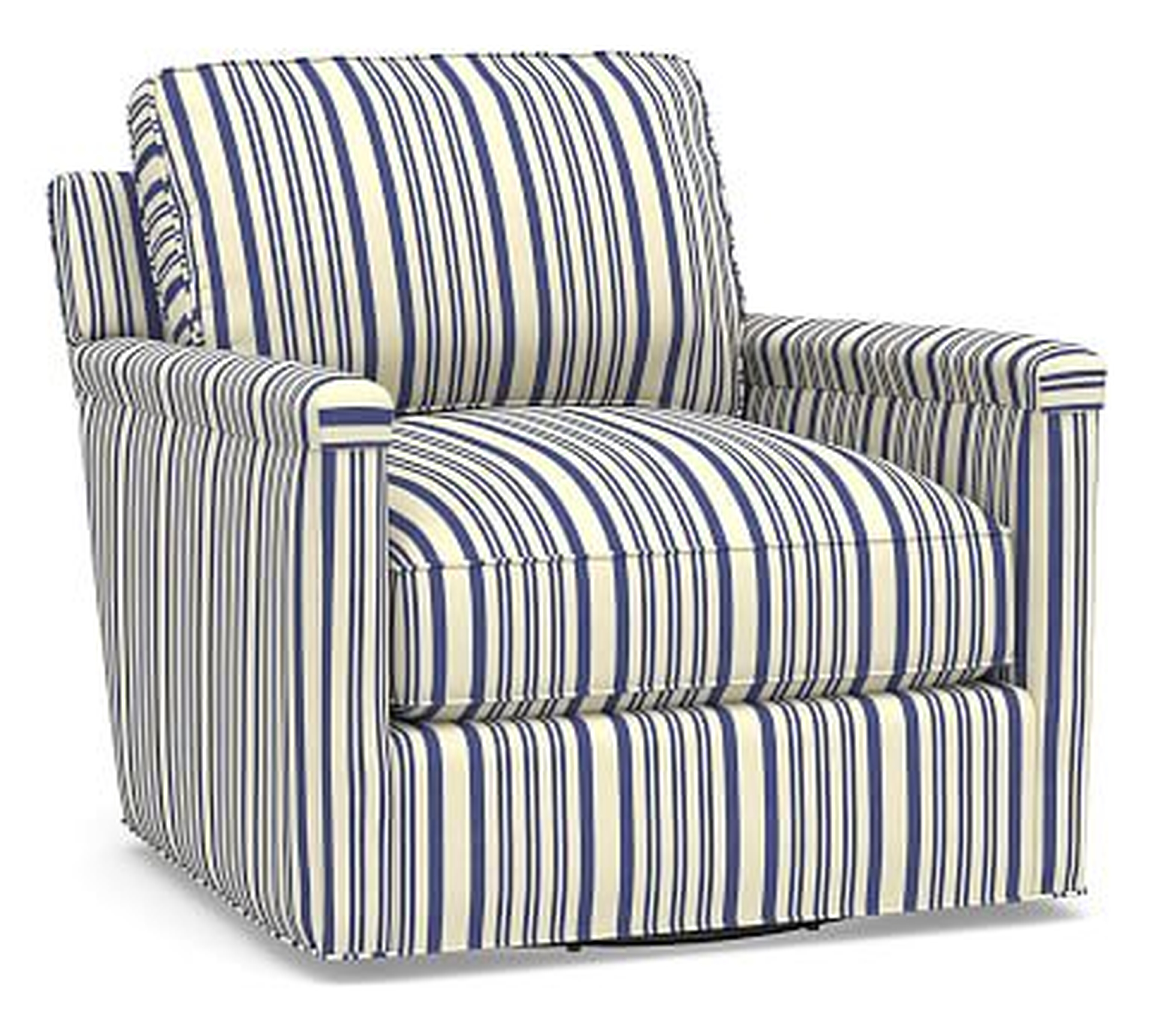 Tyler Square Arm Upholstered Swivel Armchair without Nailheads, Polyester Wrapped Cushions, Antique Stripe Blue - Pottery Barn