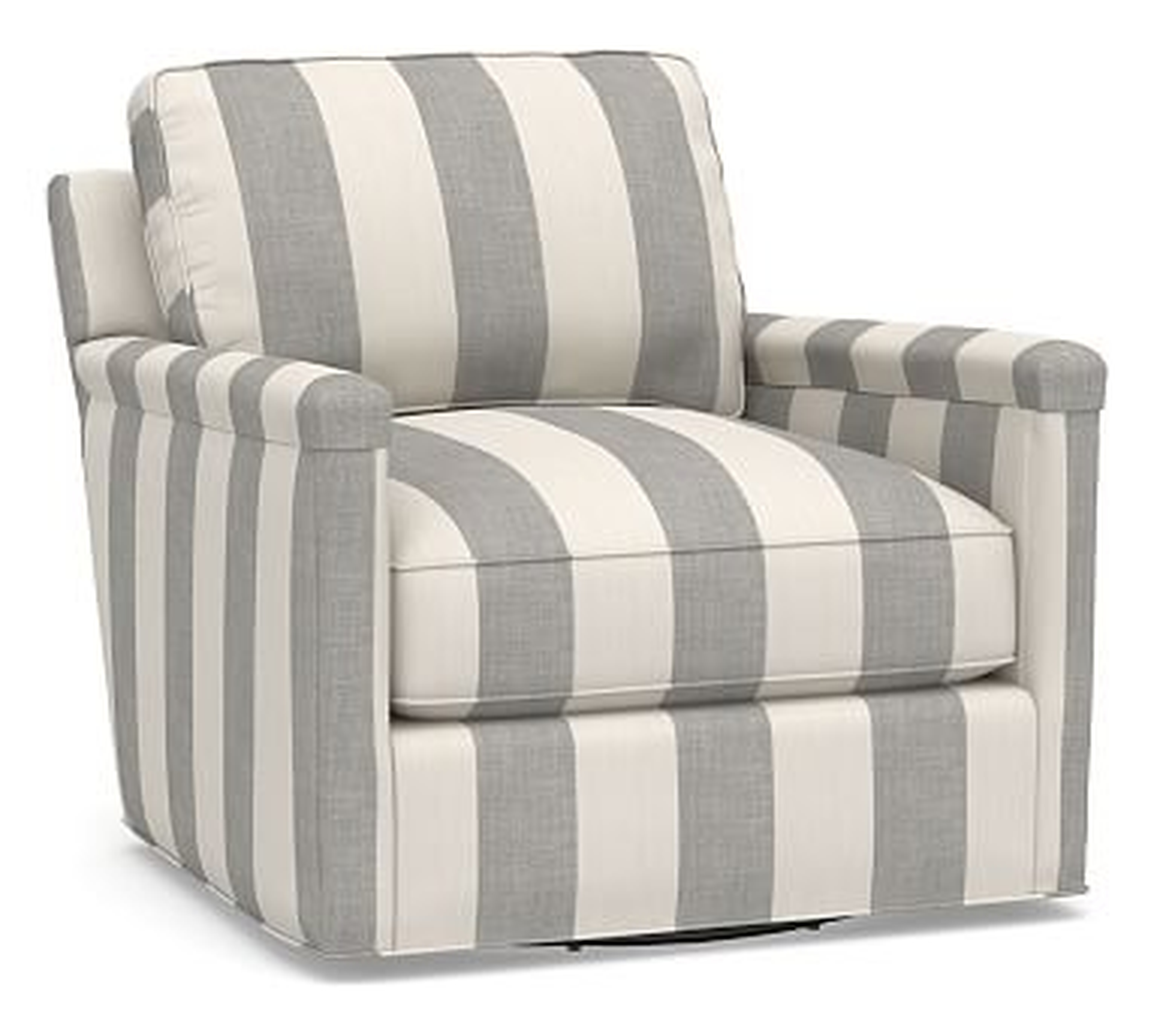 Tyler Square Arm Upholstered Swivel Armchair without Nailheads, Polyester Wrapped Cushions, Premium Performance Awning Stripe Light Gray/Ivory - Pottery Barn