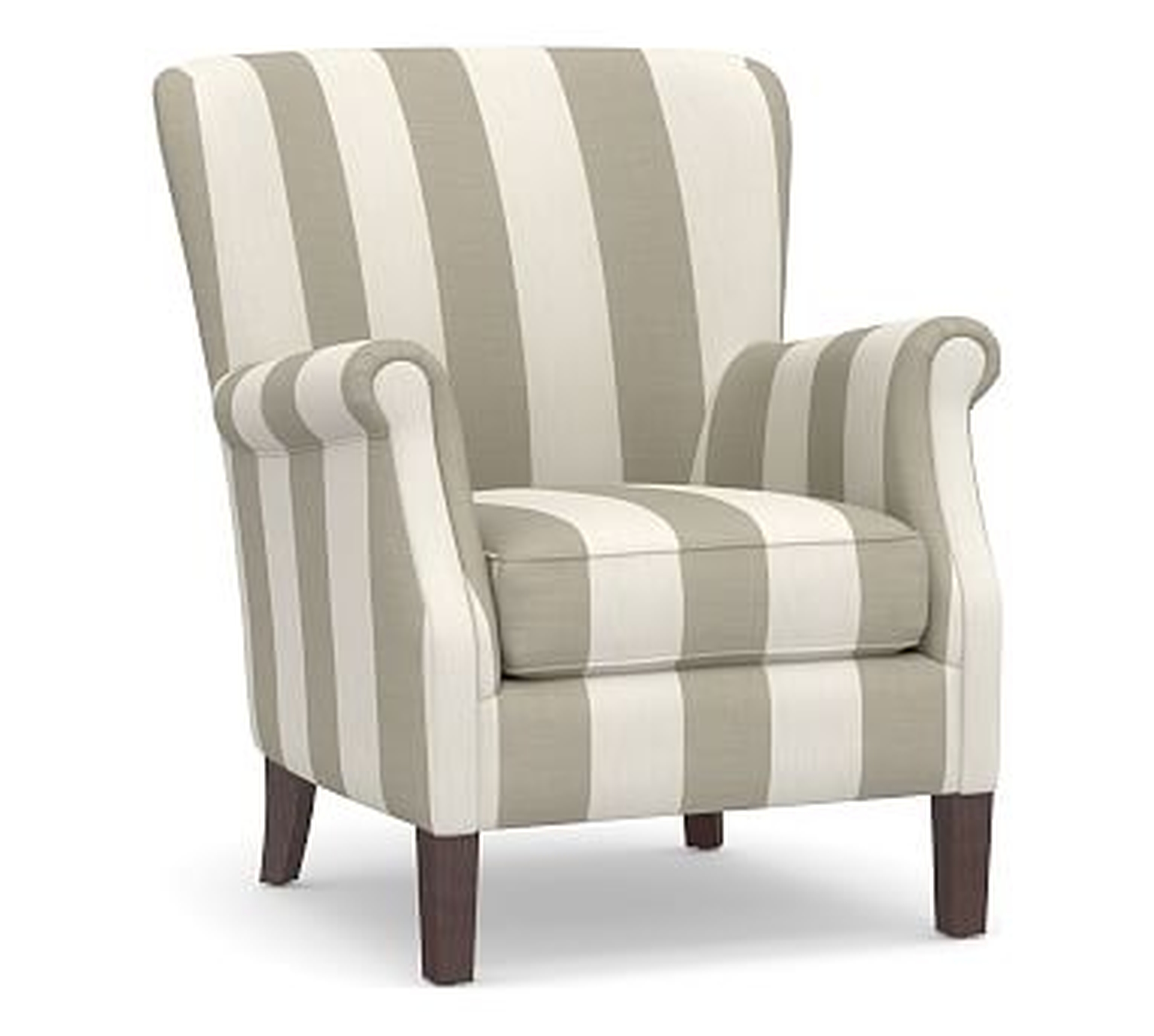 SoMa Minna Upholstered Armchair, Polyester Wrapped Cushions, Premium Performance Awning Stripe Oatmeal/Ivory - Pottery Barn