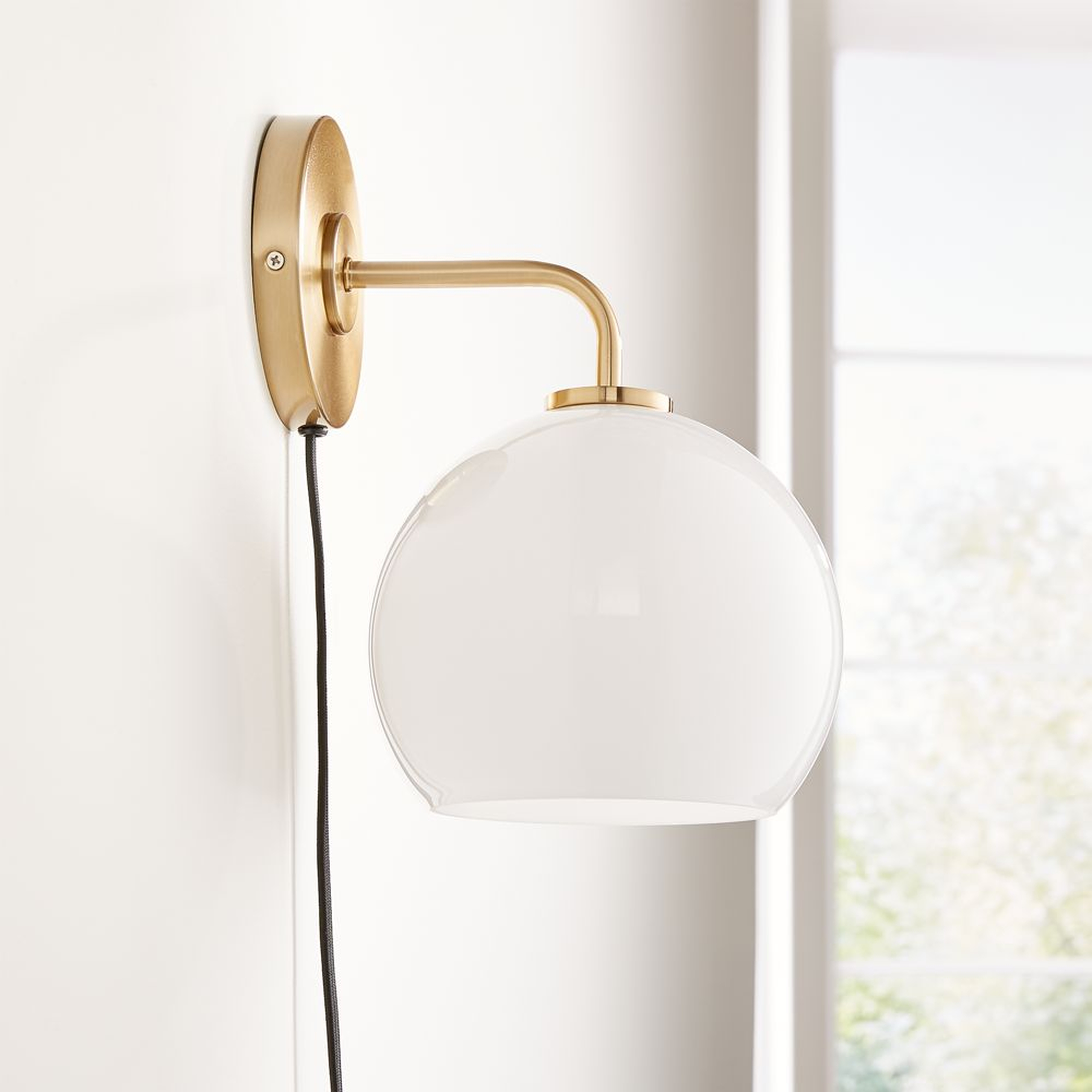 Arren Brass Plug In Wall Sconce Light with Milk Round Shade - Crate and Barrel