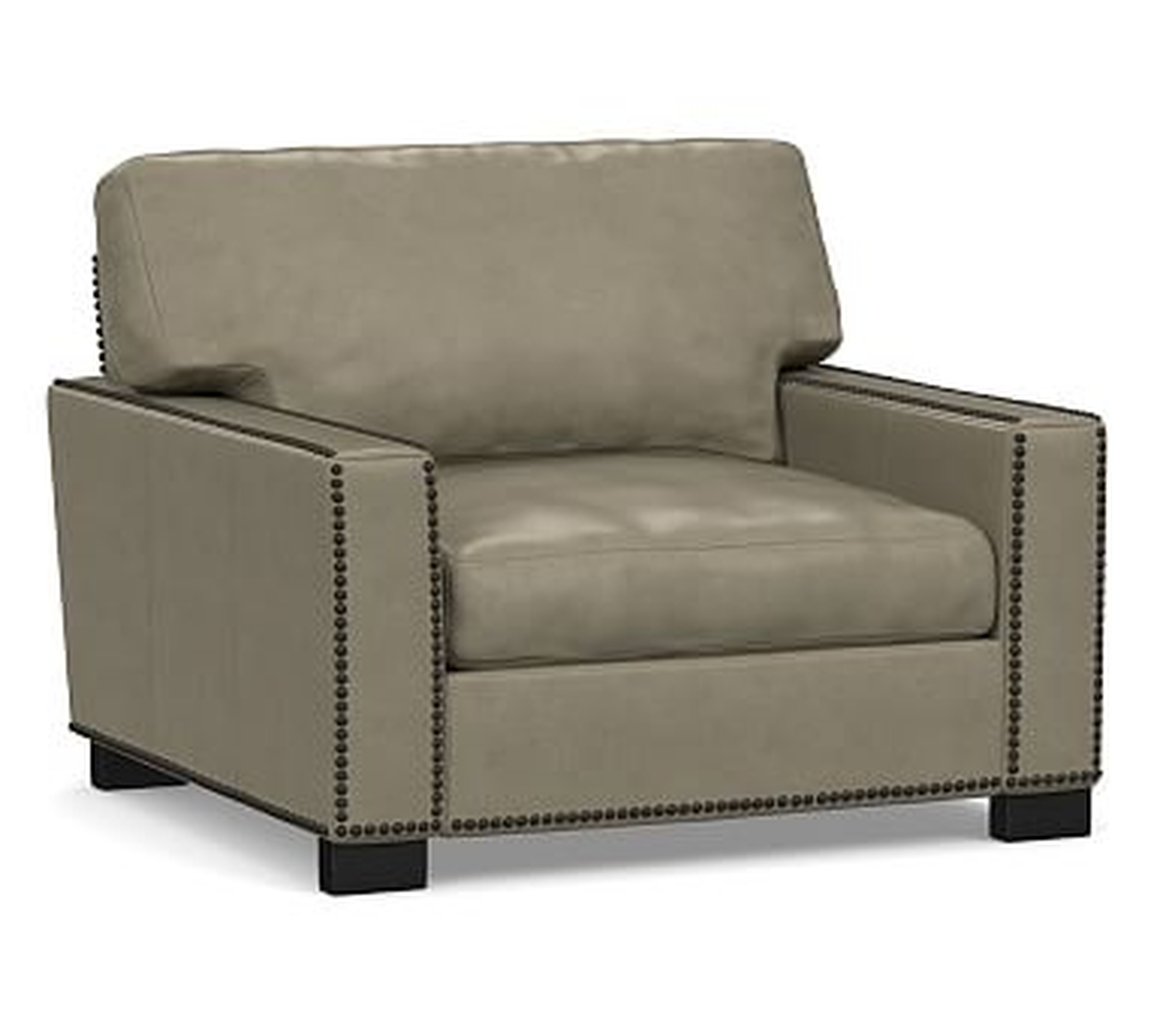 Turner Square Arm Leather Grand Armchair 43" with Nailheads, Down Blend Wrapped Cushions, Legacy Taupe - Pottery Barn