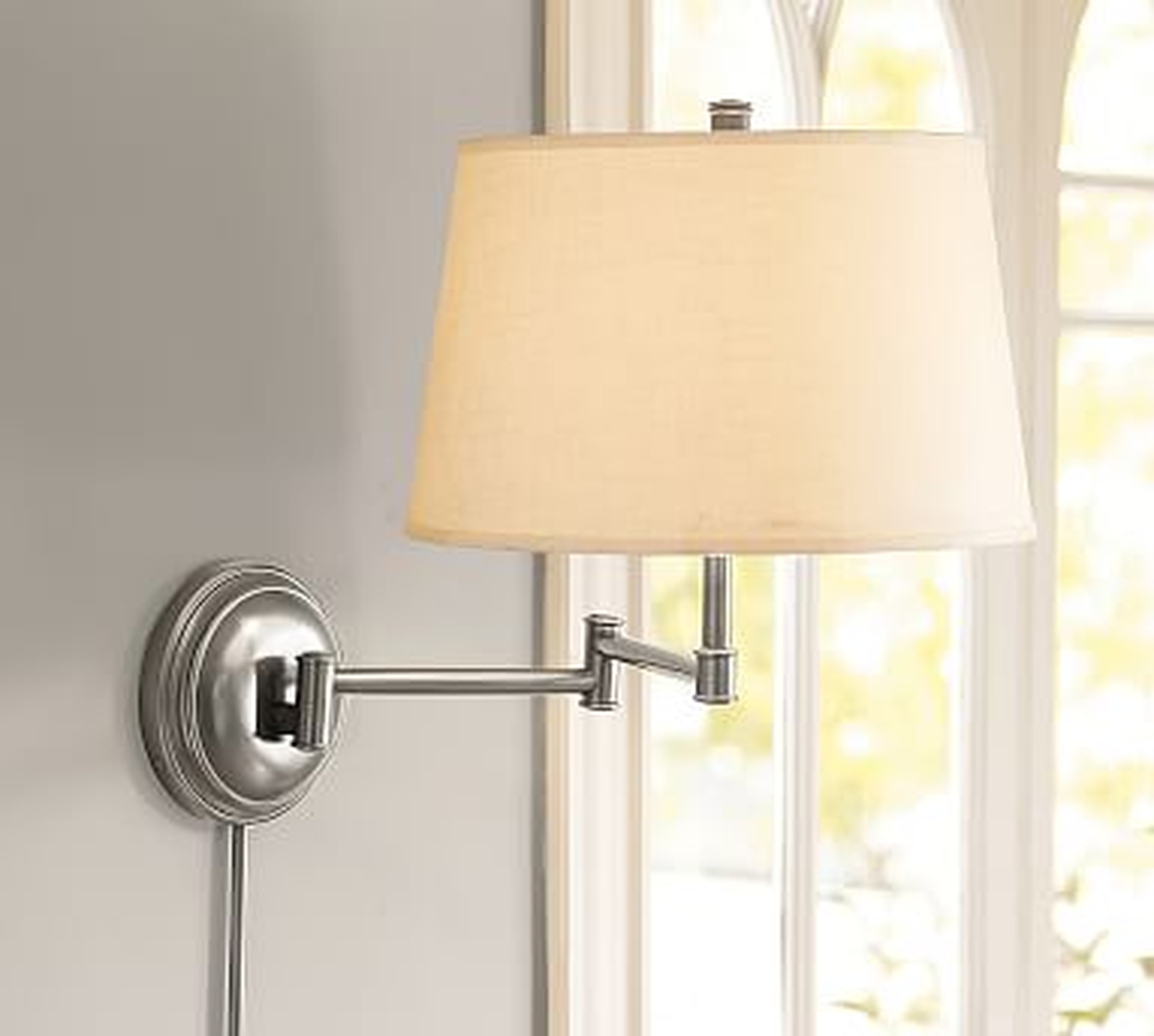 Chelsea Swing-Arm Sconce, Nickel Base &amp; Small Tapered Gallery shade, White - Pottery Barn