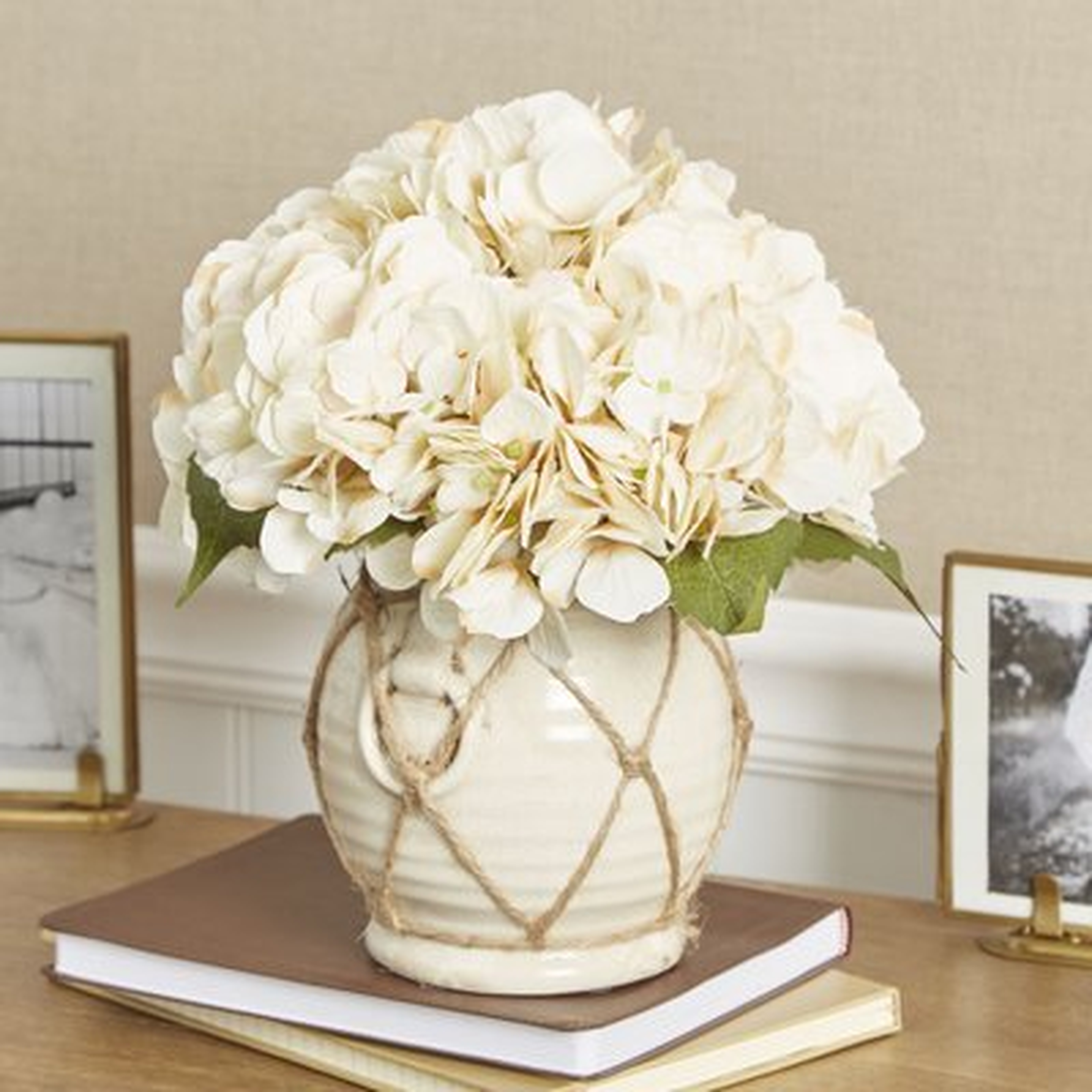 Faux Hydrangea Floral Arrangement in Twine-Wrapped Vase - Birch Lane