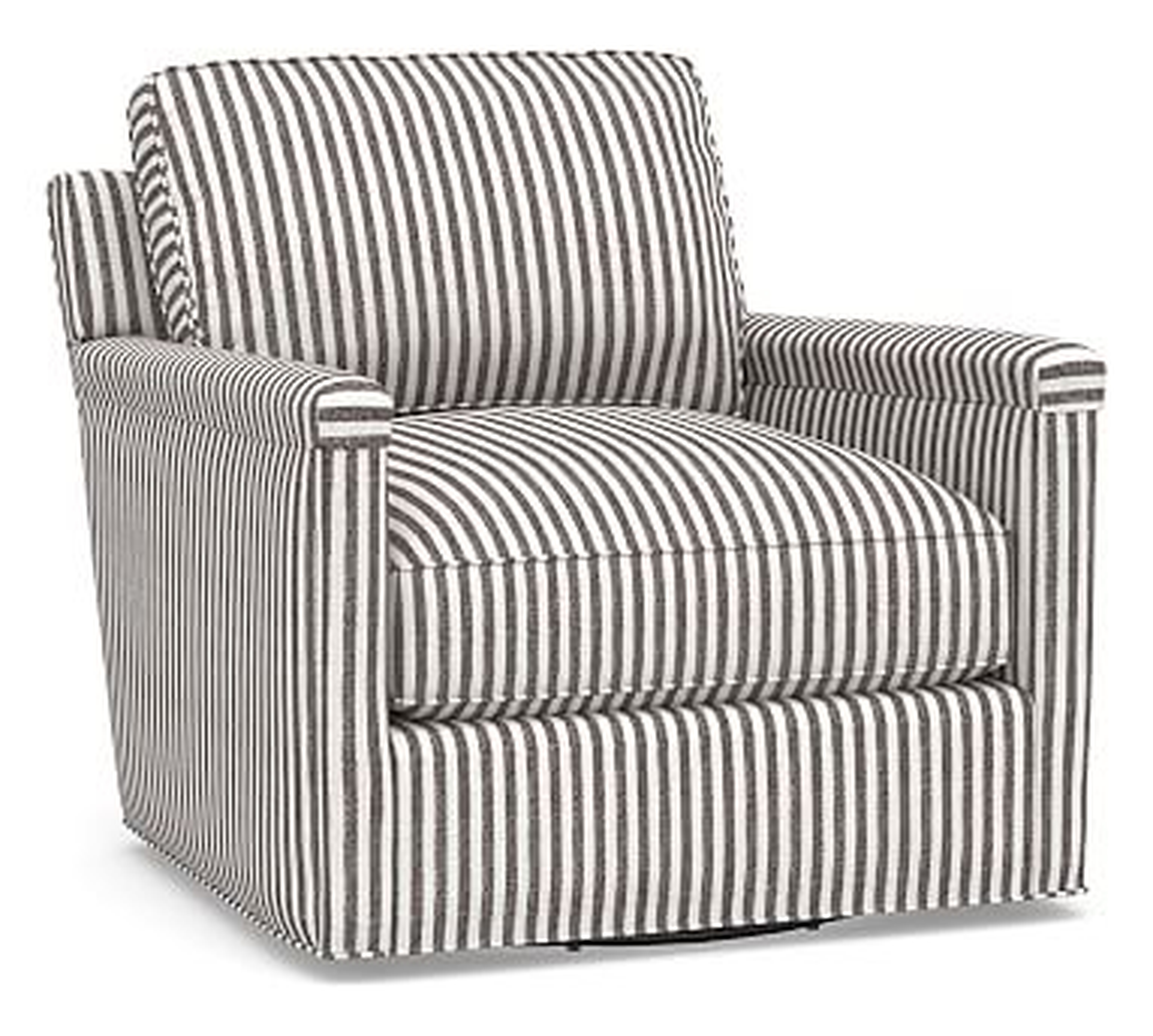 Tyler Square Arm Upholstered Swivel Armchair without Nailheads, Polyester Wrapped Cushions, Vintage Stripe Black/Ivory - Pottery Barn