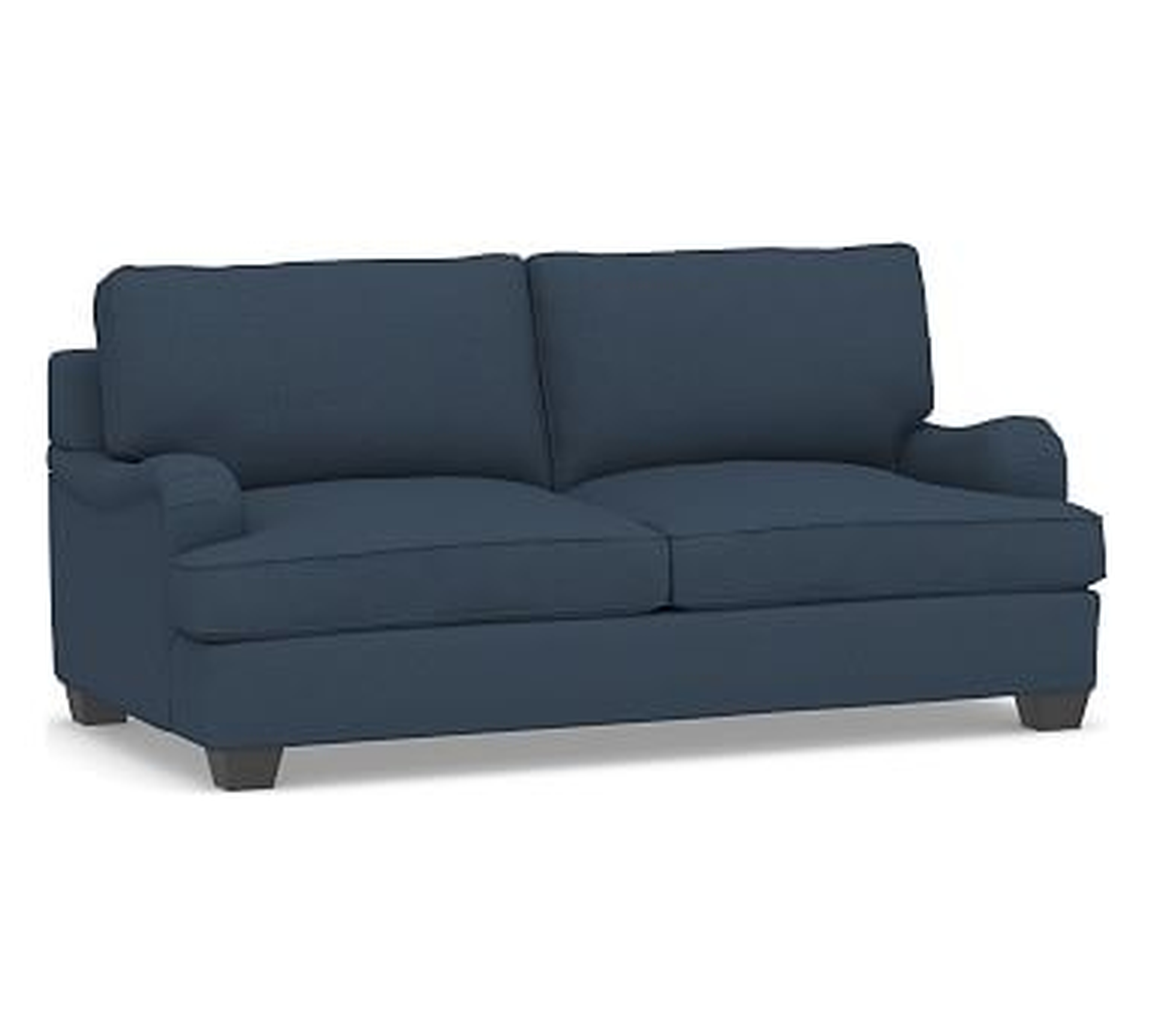 PB English Upholstered Sofa 80.5", Polyester Wrapped Cushions, Brushed Crossweave Navy - Pottery Barn