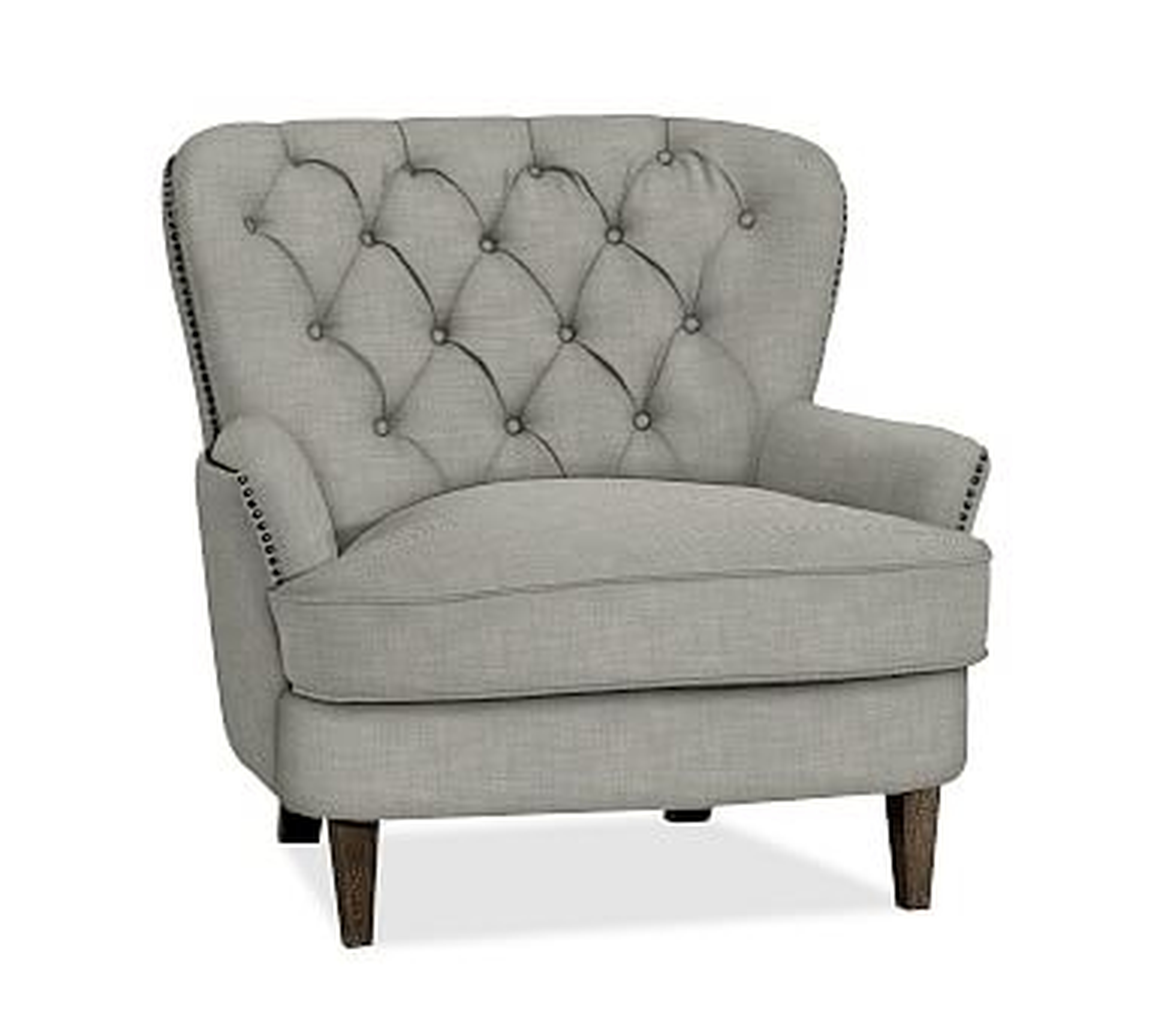 Cardiff Tufted Upholstered Armchair with Nailheads, Polyester Wrapped Cushions, Premium Performance Basketweave Light Gray - Pottery Barn
