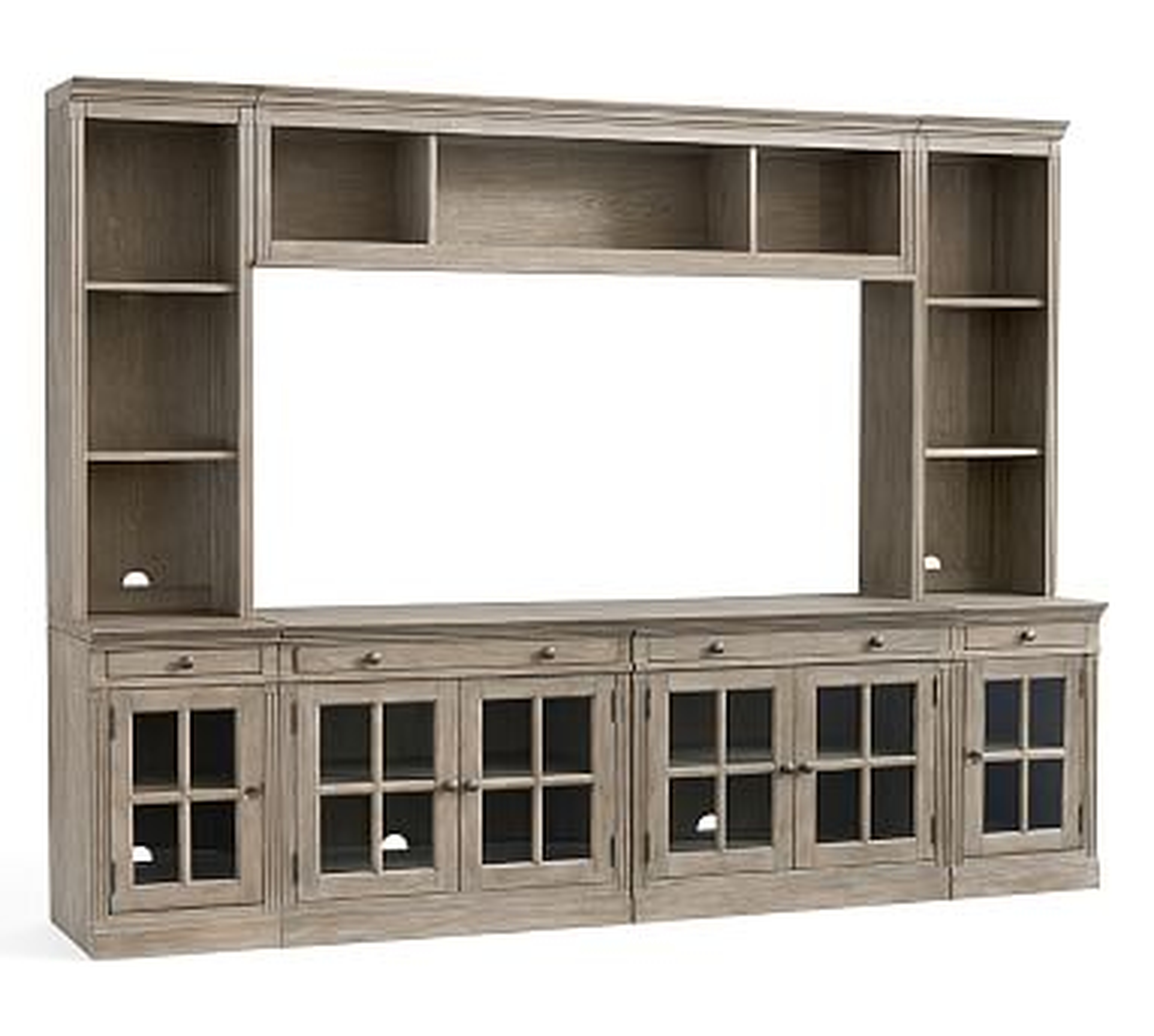 Livingston 7-Piece Entertainment Center with Glass Cabinets, Gray Wash, 105" - Pottery Barn