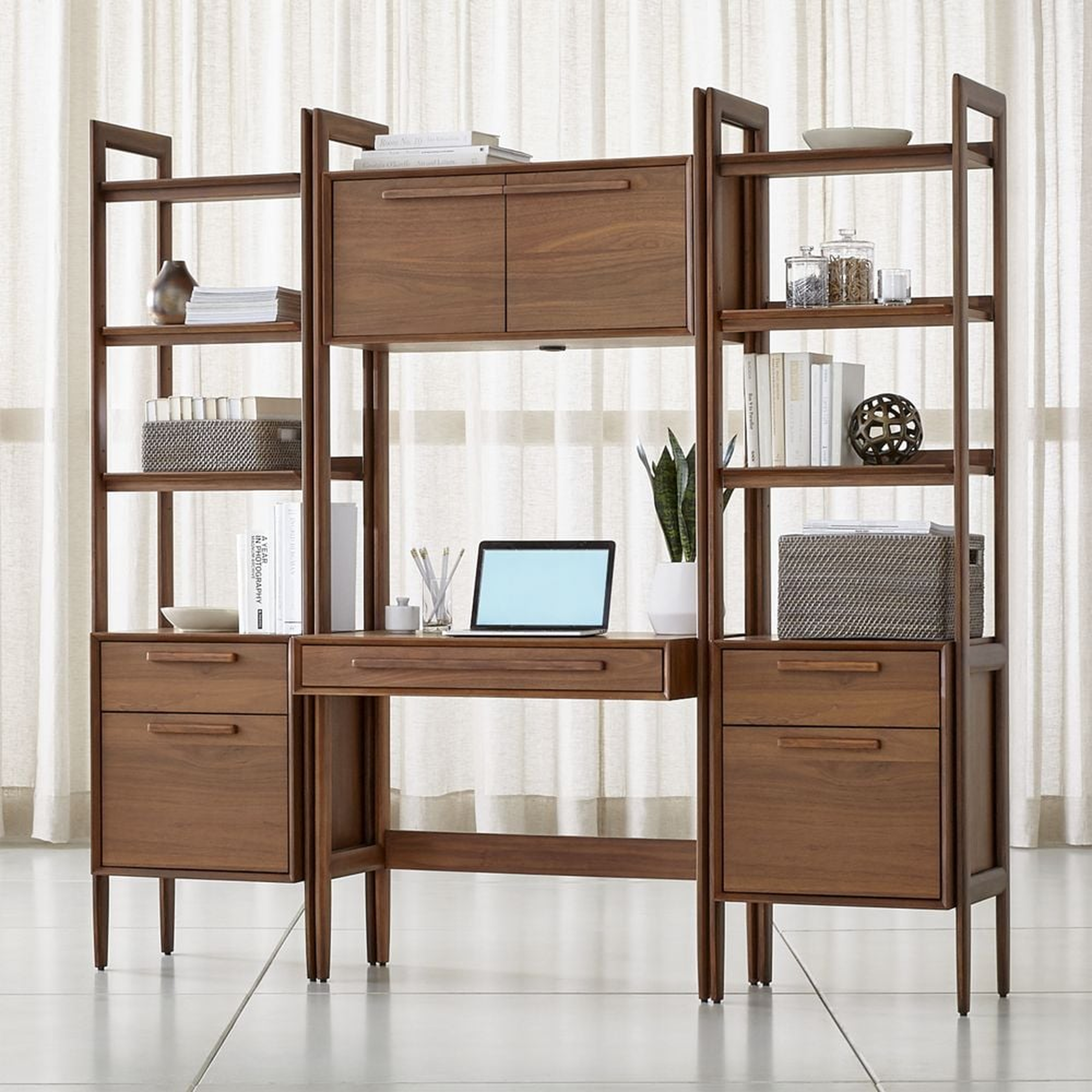 Tate Walnut Bookcase Desk with Outlet with 2 Bookcase File Cabinets - Crate and Barrel