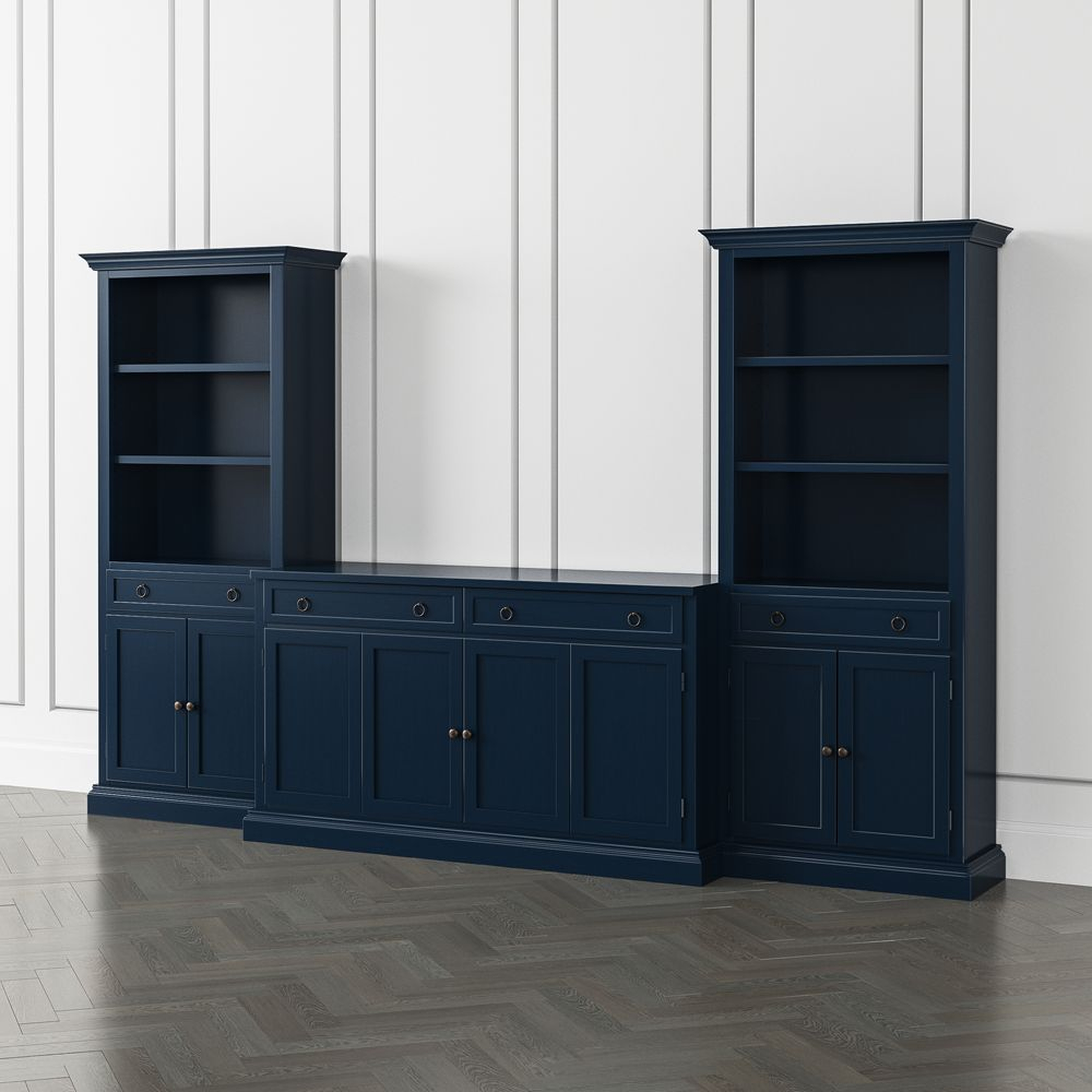 Cameo Indigo 3-Piece Entertainment Center with Storage Bookcases - Crate and Barrel