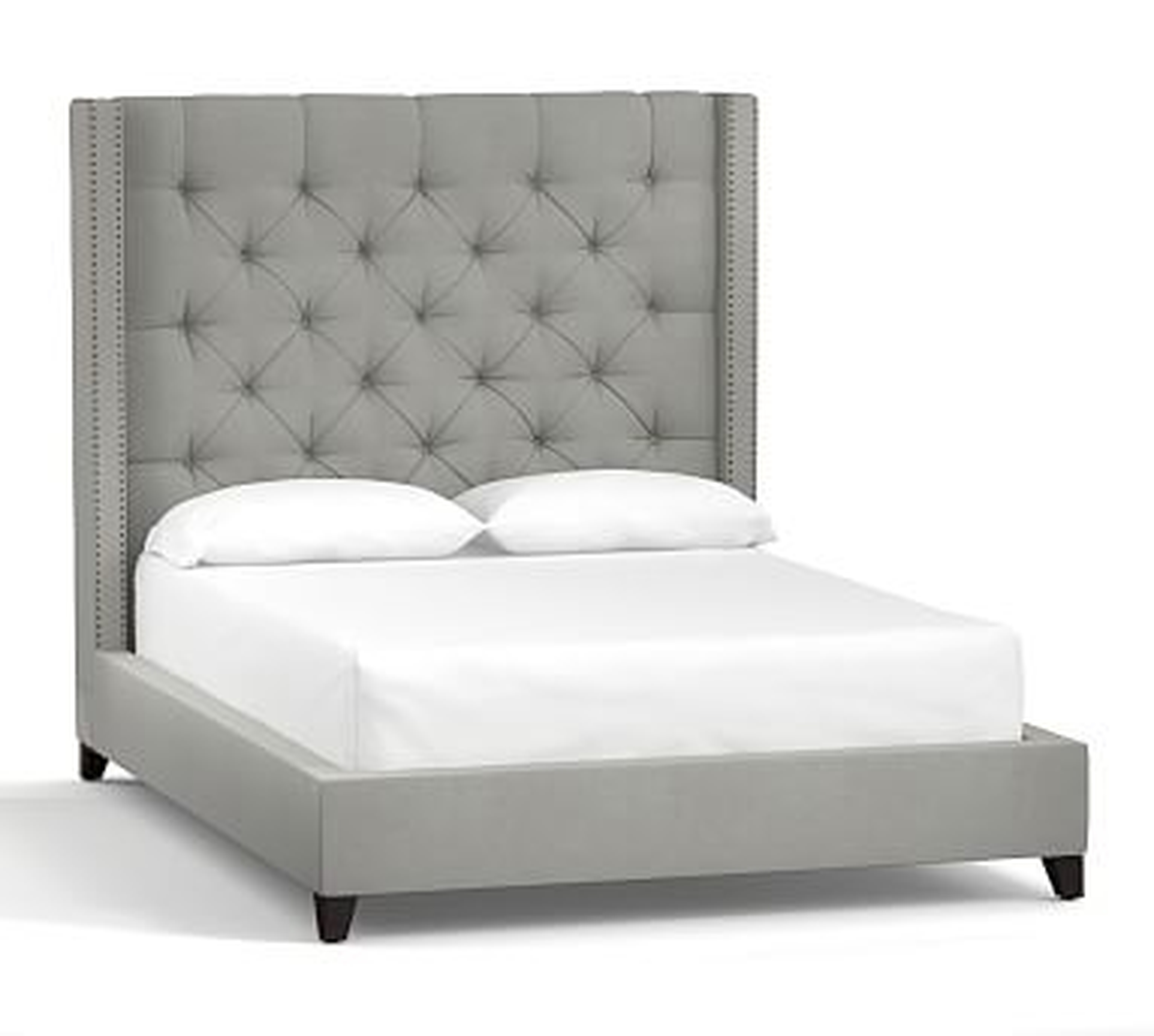 Harper Tufted Upholstered Bed with Bronze Nailheads, King, Tall Headboard65"h, Performance Everydaysuede(TM) Metal Gray - Pottery Barn