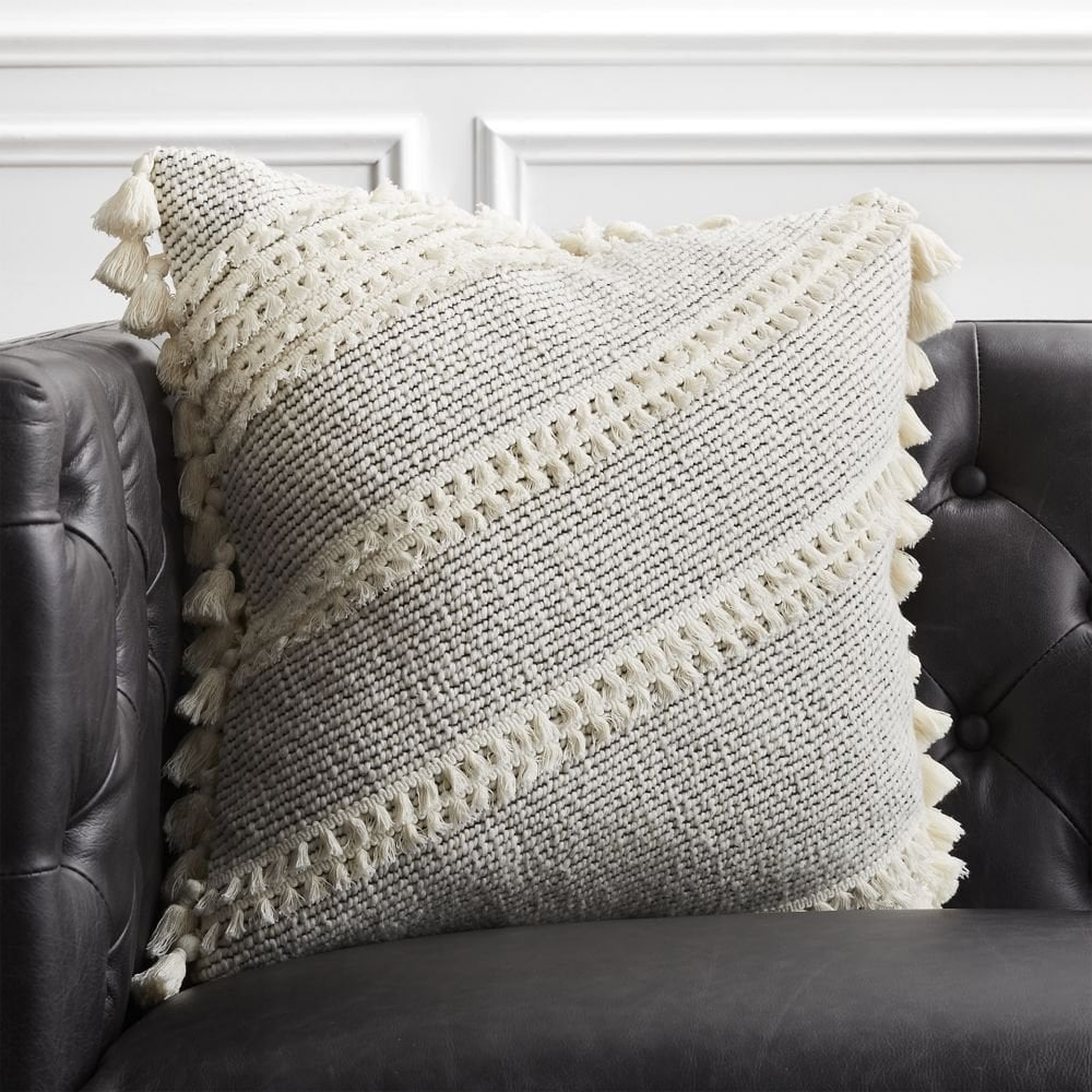 "18"" Liana White Tassel Pillow with Feather-Down Insert" - CB2