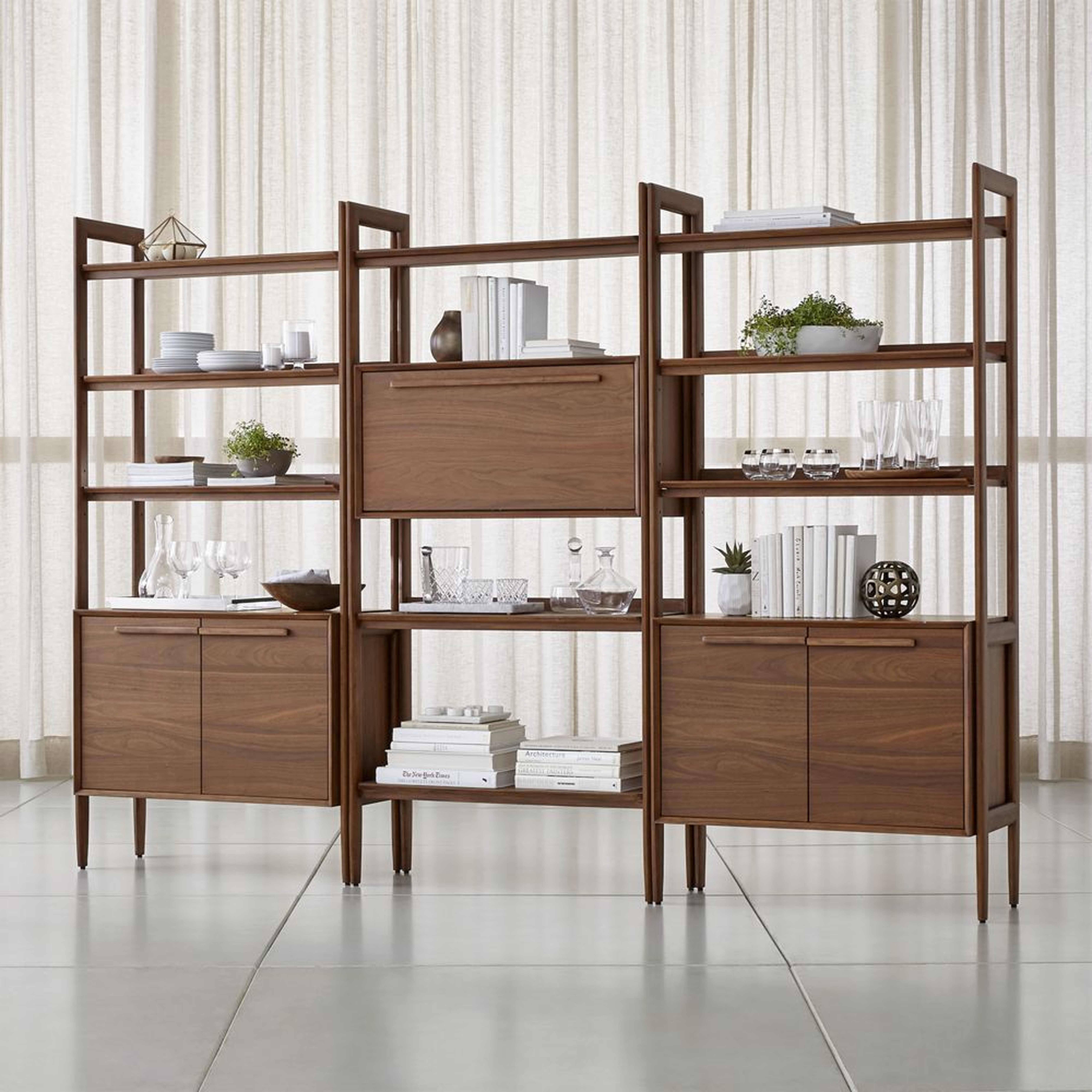 Tate Walnut Bookcase Bar Cabinet with 2 Bookcase Cabinets - Crate and Barrel