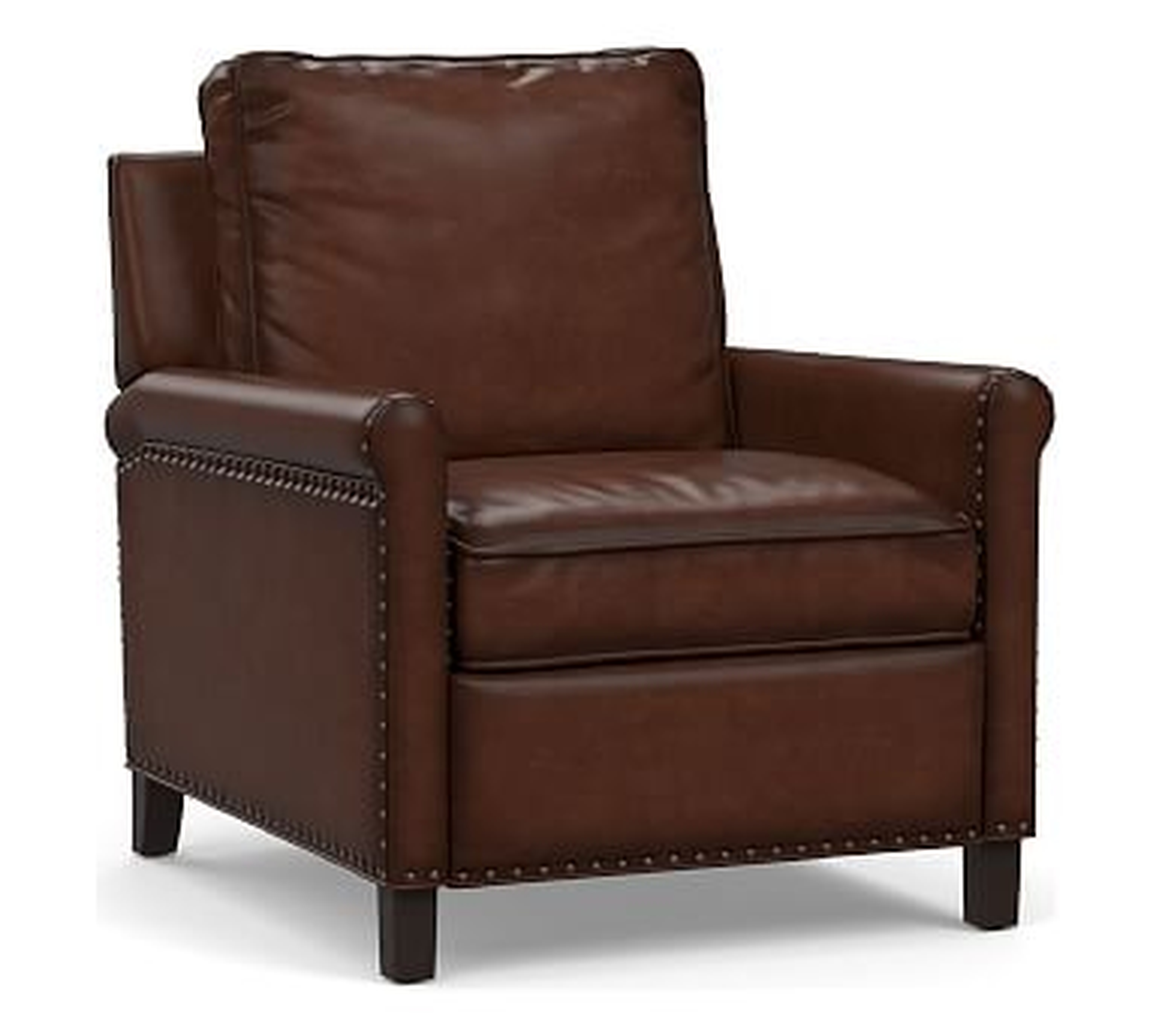 Tyler Roll Arm Leather Recliner with Nailheads, Down Blend Wrapped Cushions, Burnished Walnut - Pottery Barn