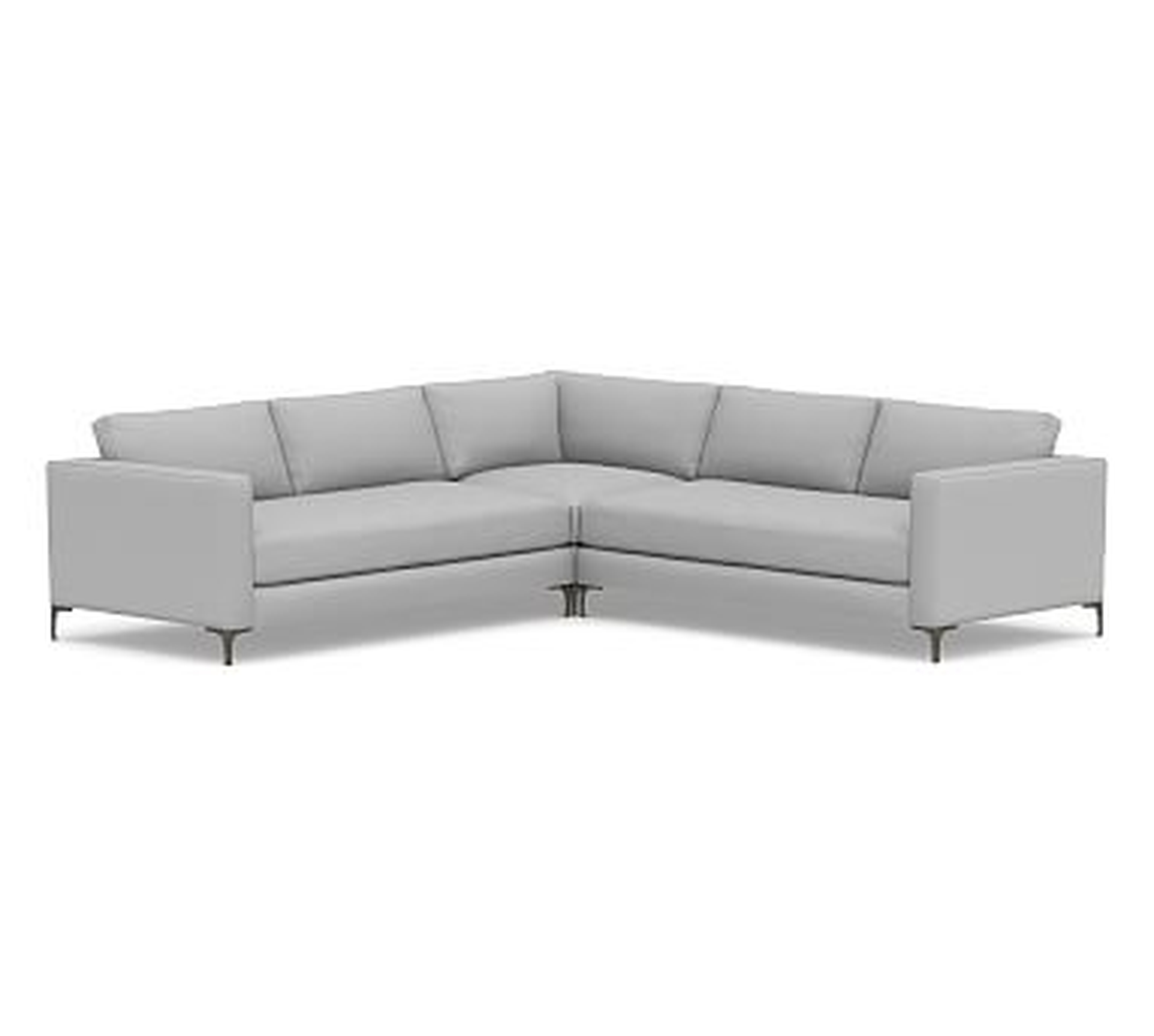 Jake Upholstered 3-Piece L-Shaped Corner Sectional, Bench Cushion, Bronze Legs, Polyester Wrapped Cushions, Brushed Crossweave Light Gray - Pottery Barn