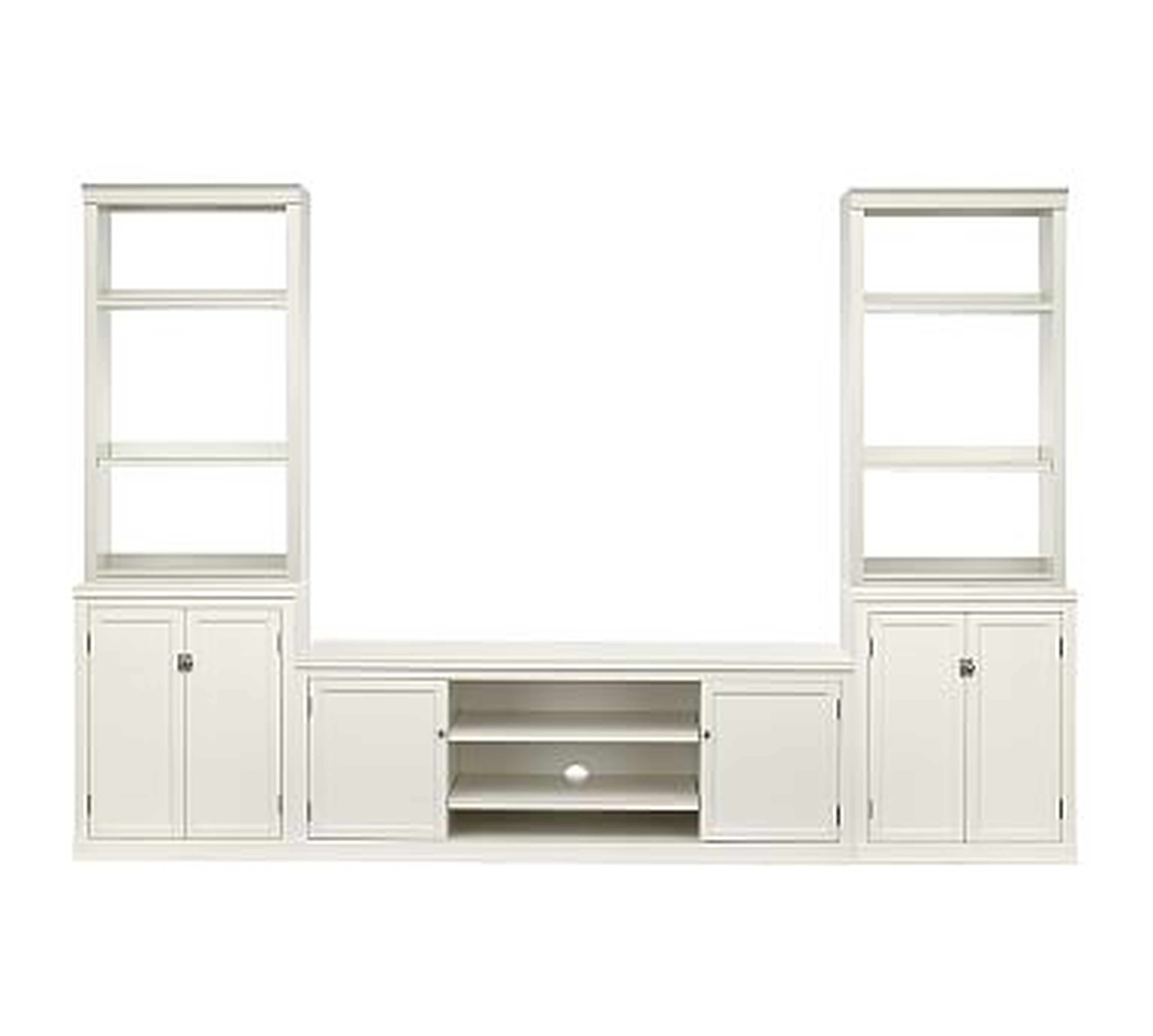 Logan 5-Piece Entertainment Center with Open Hutch & Cabinet Base, 110" Wide, Alabaster - Pottery Barn
