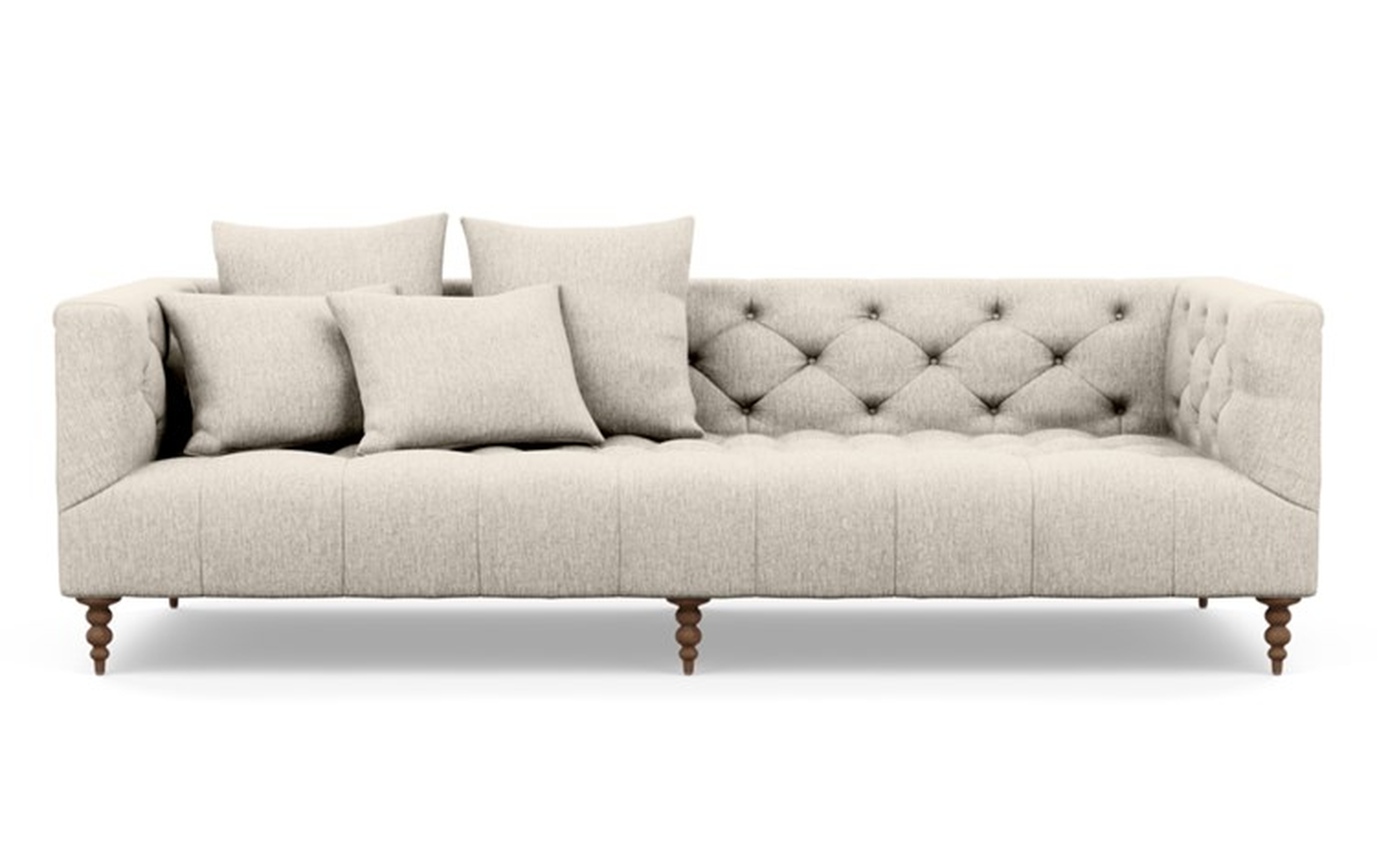 Ms. Chesterfield Sofa with Beige Wheat Fabric and Oiled Walnut legs - Interior Define