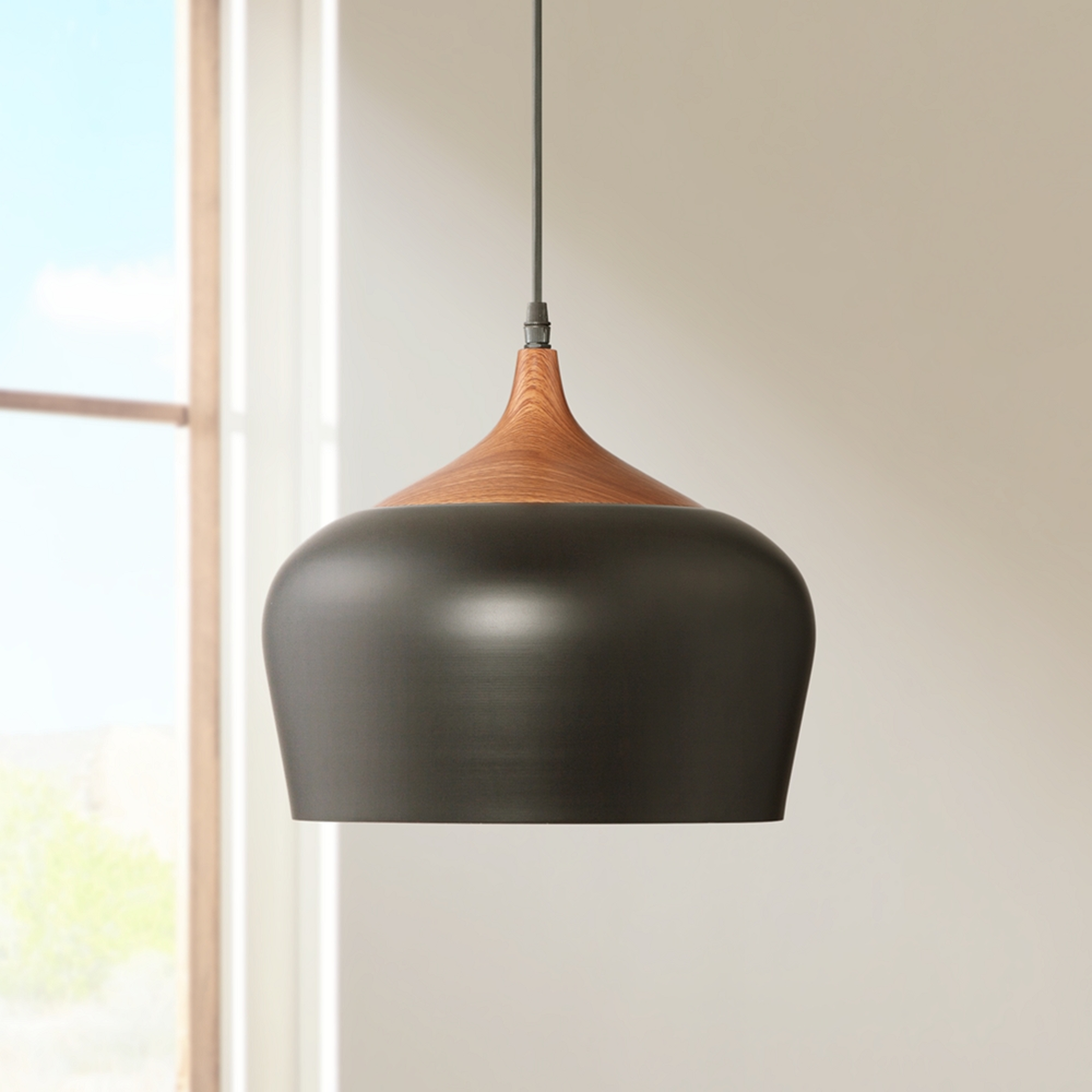 Felton Black Aluminum and Wood 12" Wide Pendant - Style # 1G928 - Lamps Plus