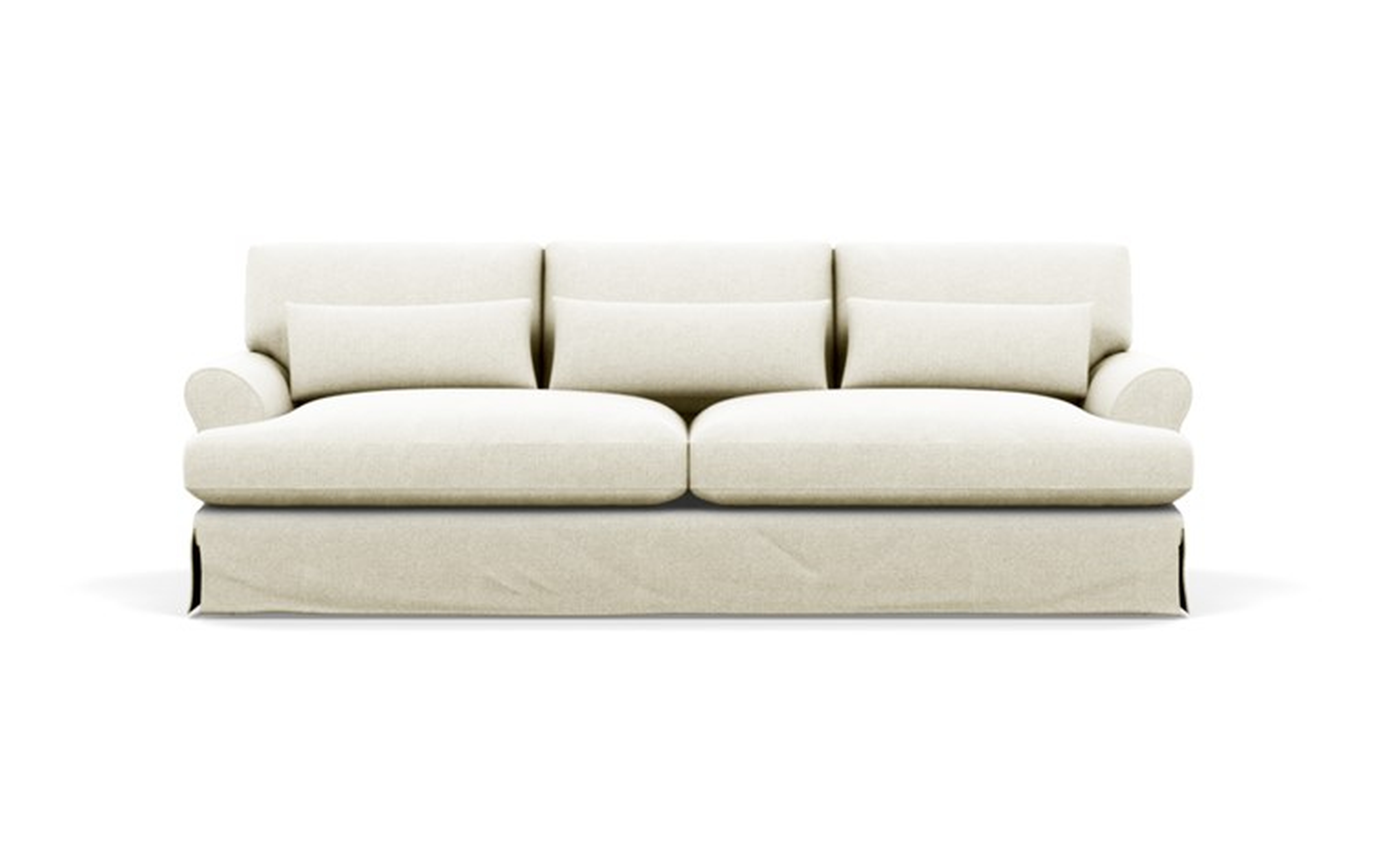 Maxwell Slipcovered Sofa with White Vanilla Fabric and Oiled Walnut with Brass Cap legs - Interior Define