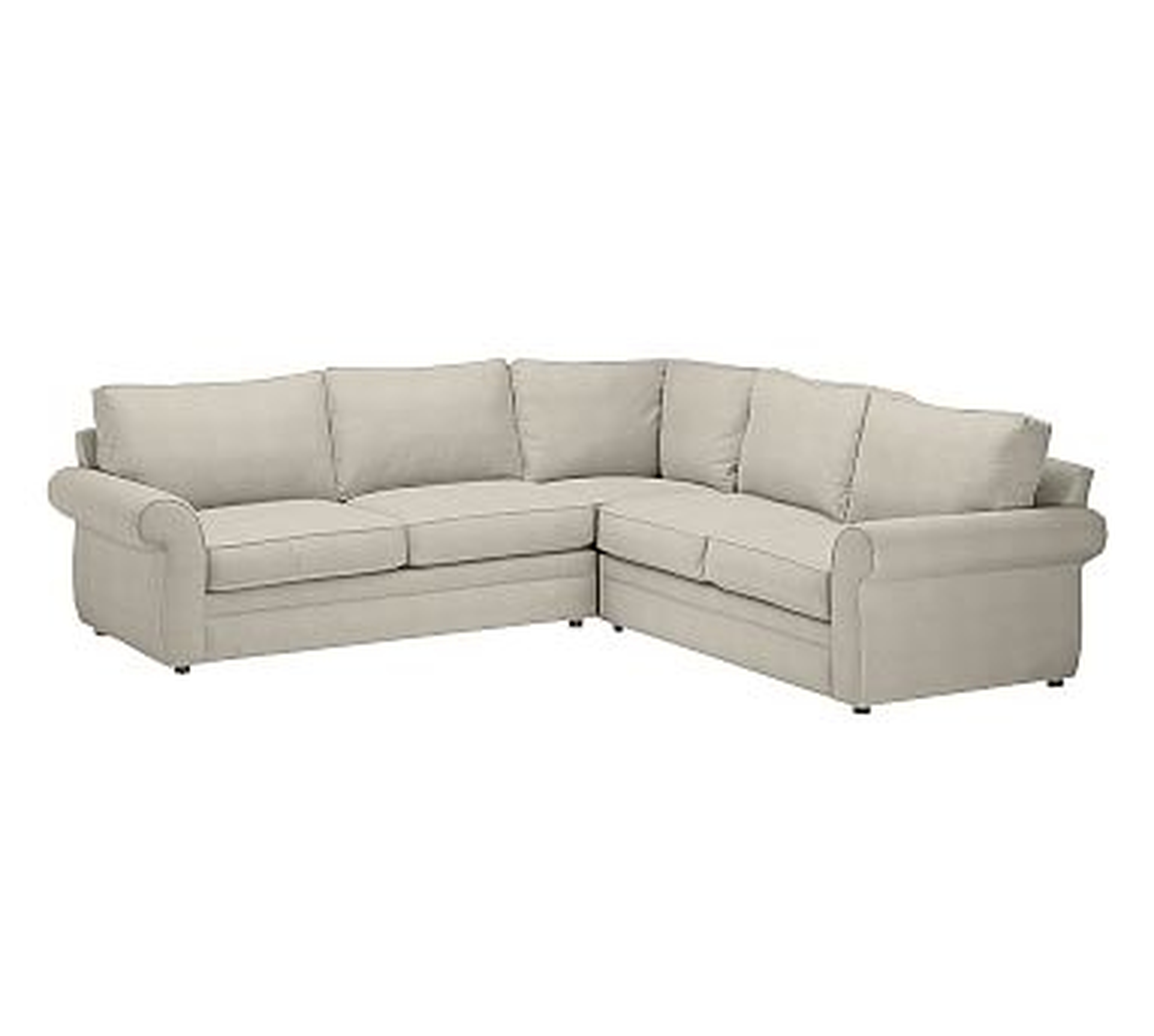 Pearce Roll Arm Upholstered 2-Piece L-Shaped Sectional, Down Blend Wrapped Cushions, Sunbrella(R) Performance Slub Tweed Pebble - Pottery Barn