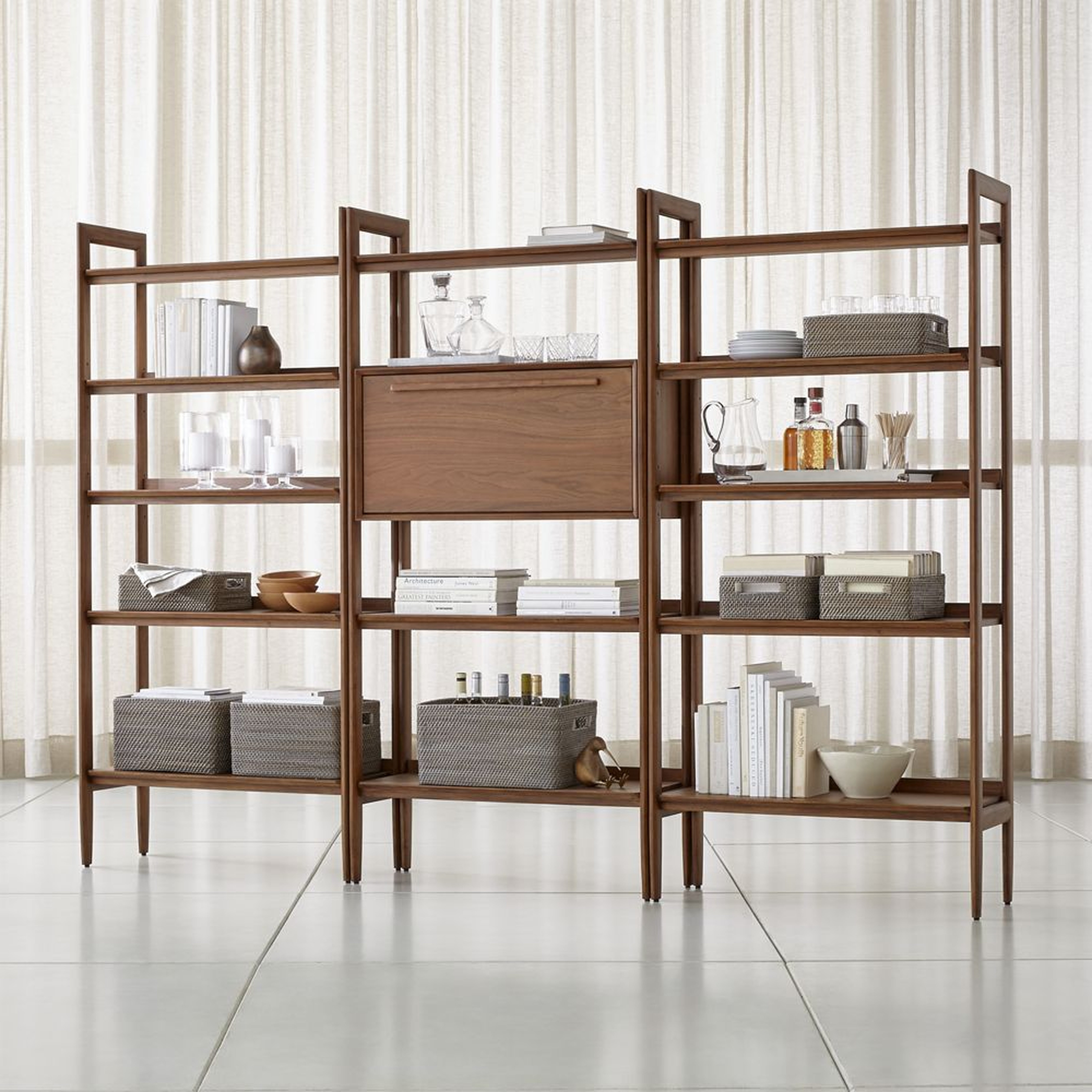 Tate Walnut Bookcase Bar Cabinet with 2 Wide Bookcases - Crate and Barrel