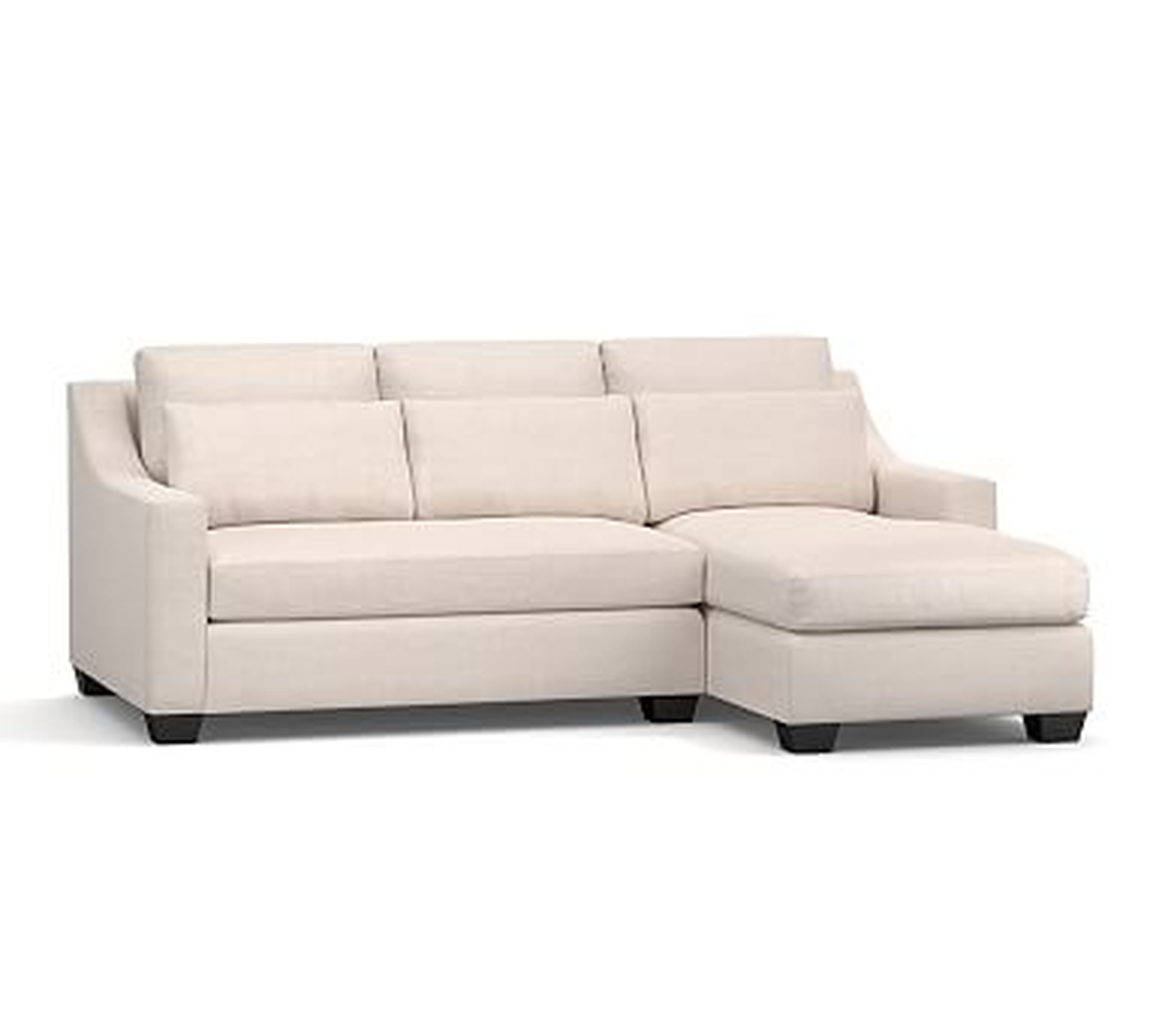 York Slope Arm Upholstered Deep Seat Left Arm Loveseat with Chaise Sectional and Bench Cushion, Down Blend Wrapped Cushions, Sunbrella(R) Performance Slub Tweed White - Pottery Barn