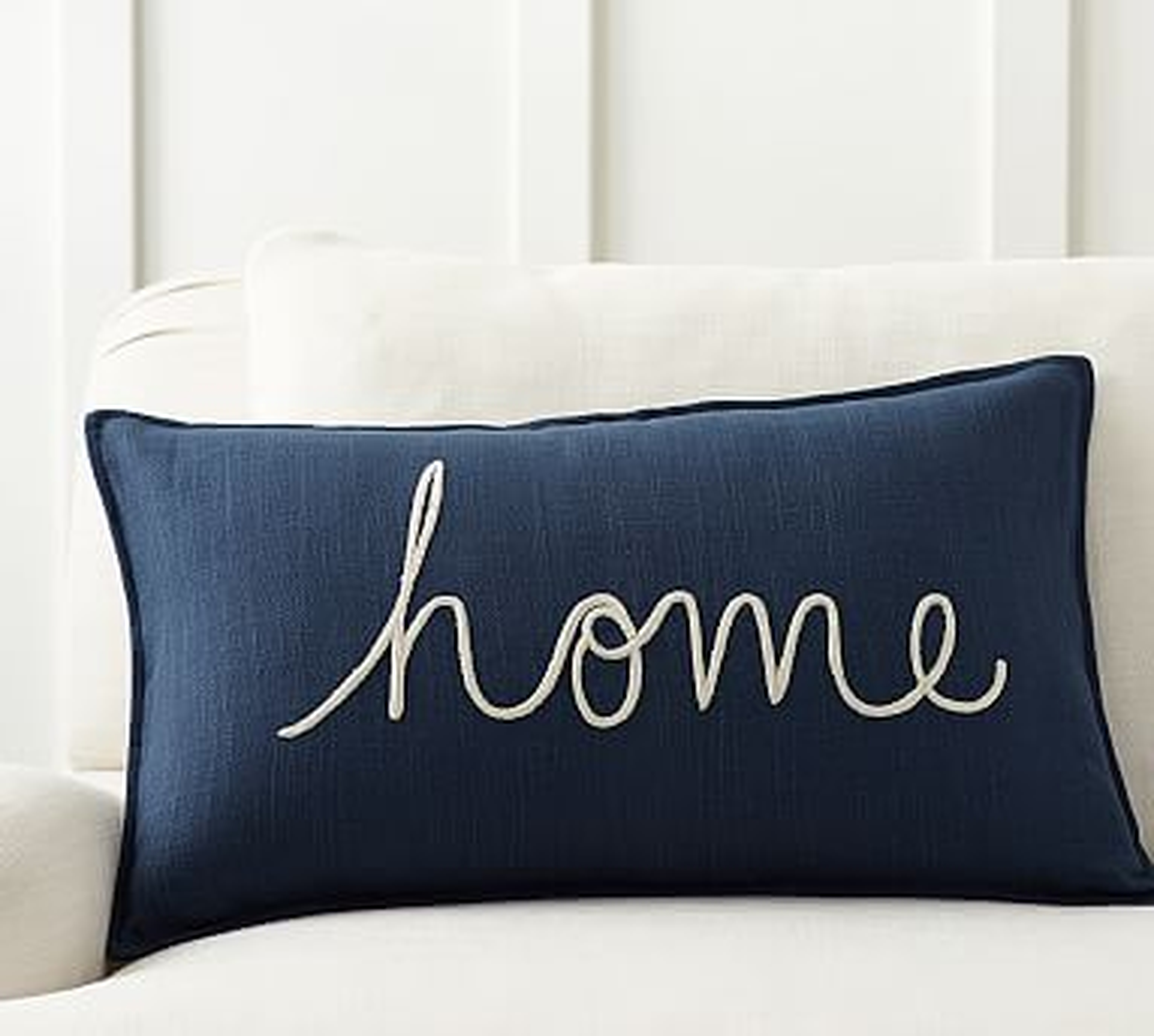 Home Sentiment Embroidered Lumbar Pillow Cover, 26" x 16", Blue - Pottery Barn