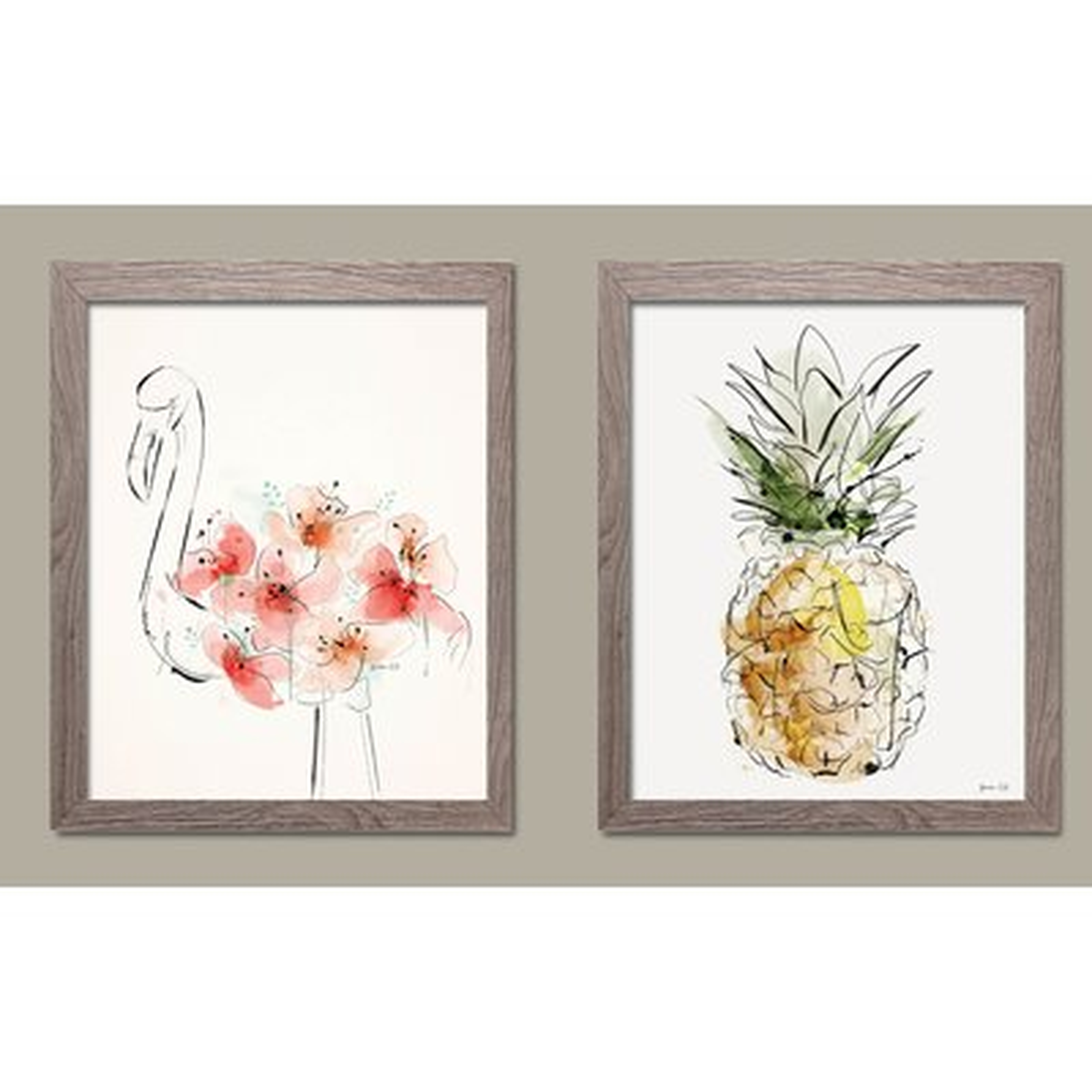 'Tropical Pink Floral Flamingo and Yellow Pineapple' 2 Piece Framed Watercolor Painting Print Set - Wayfair